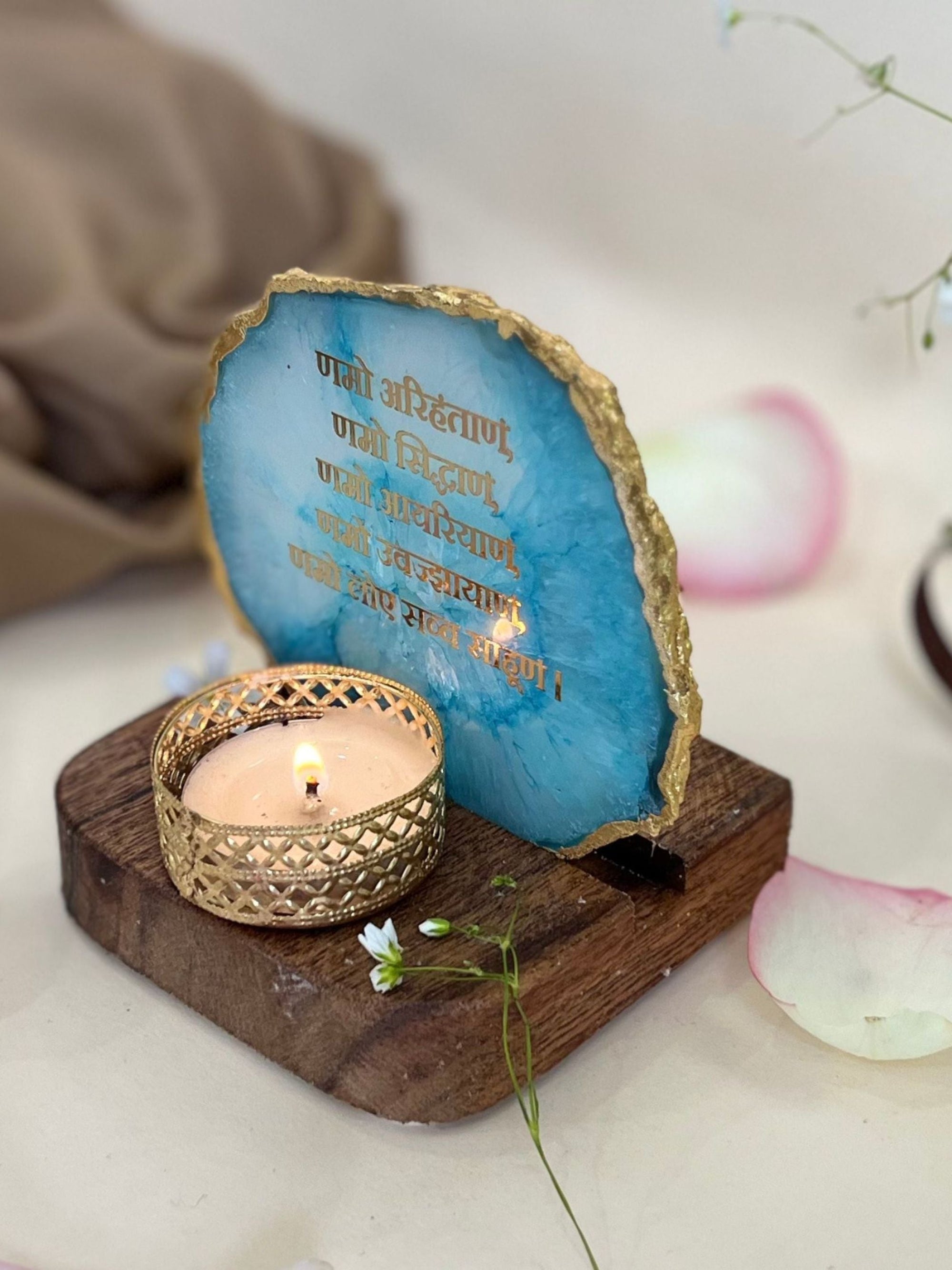 Namokar Mantra Tea Light Holder- Agate with Wood