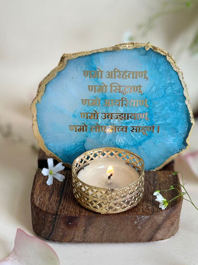 Namokar Mantra Tea Light Holder Turquoise Agate with Wood