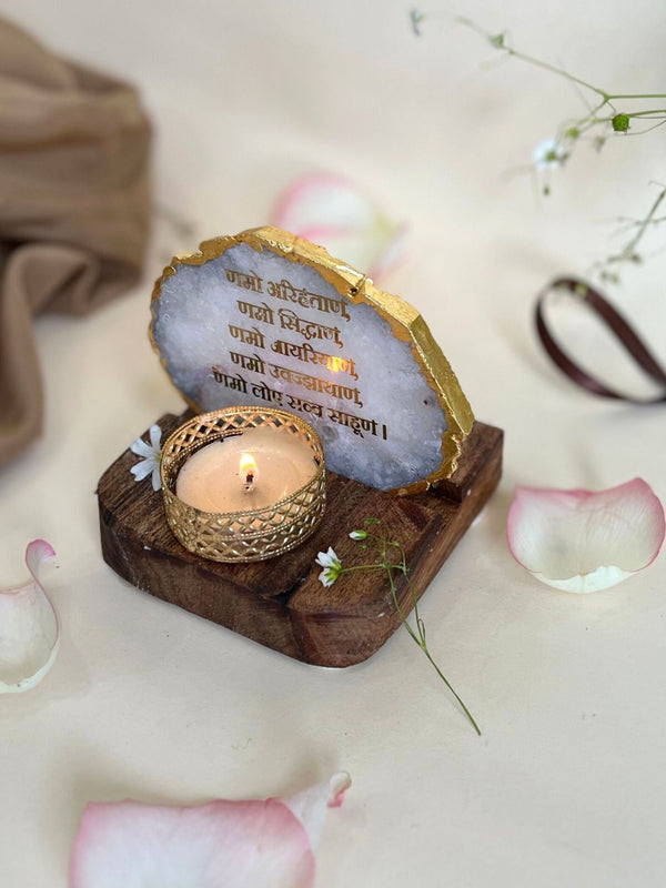 Namokar Mantra Tea Light Holder- Agate with Wood