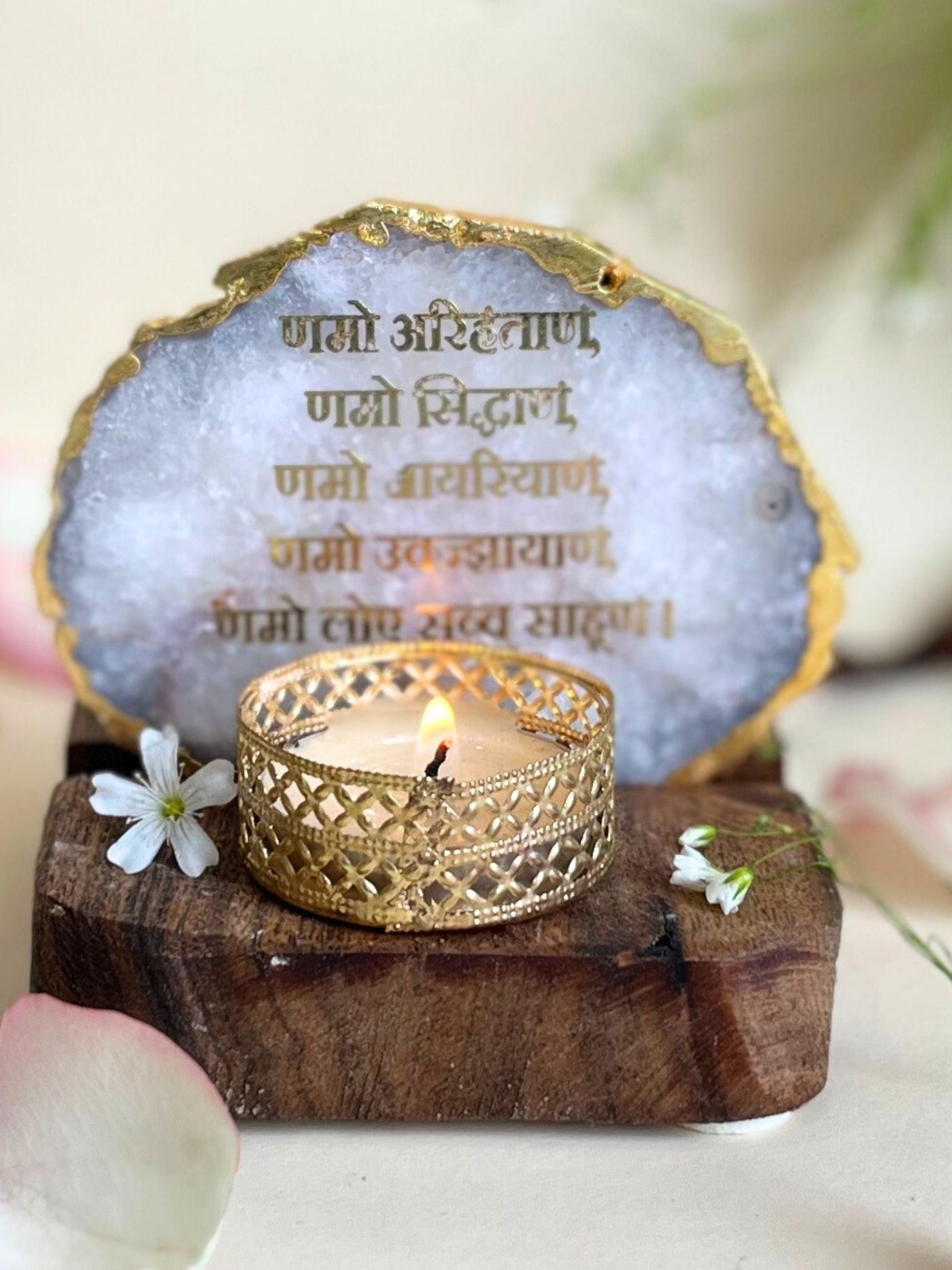 Namokar Mantra Tea Light Holder White Agate with Wood