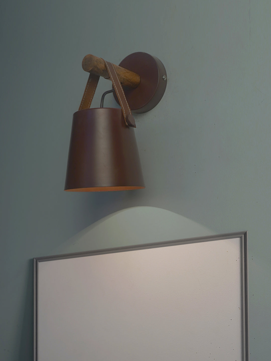 New York Style Round Bucket With Leather Belt Wall Sconce