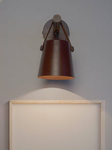 New York Style Round Bucket With Leather Belt Wall Sconce