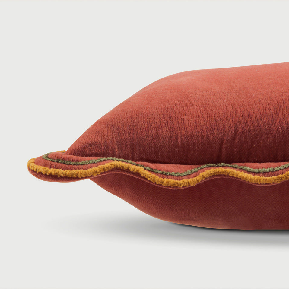 Aurora Scallop Carmine Embroidered Oblong Cushion Cover