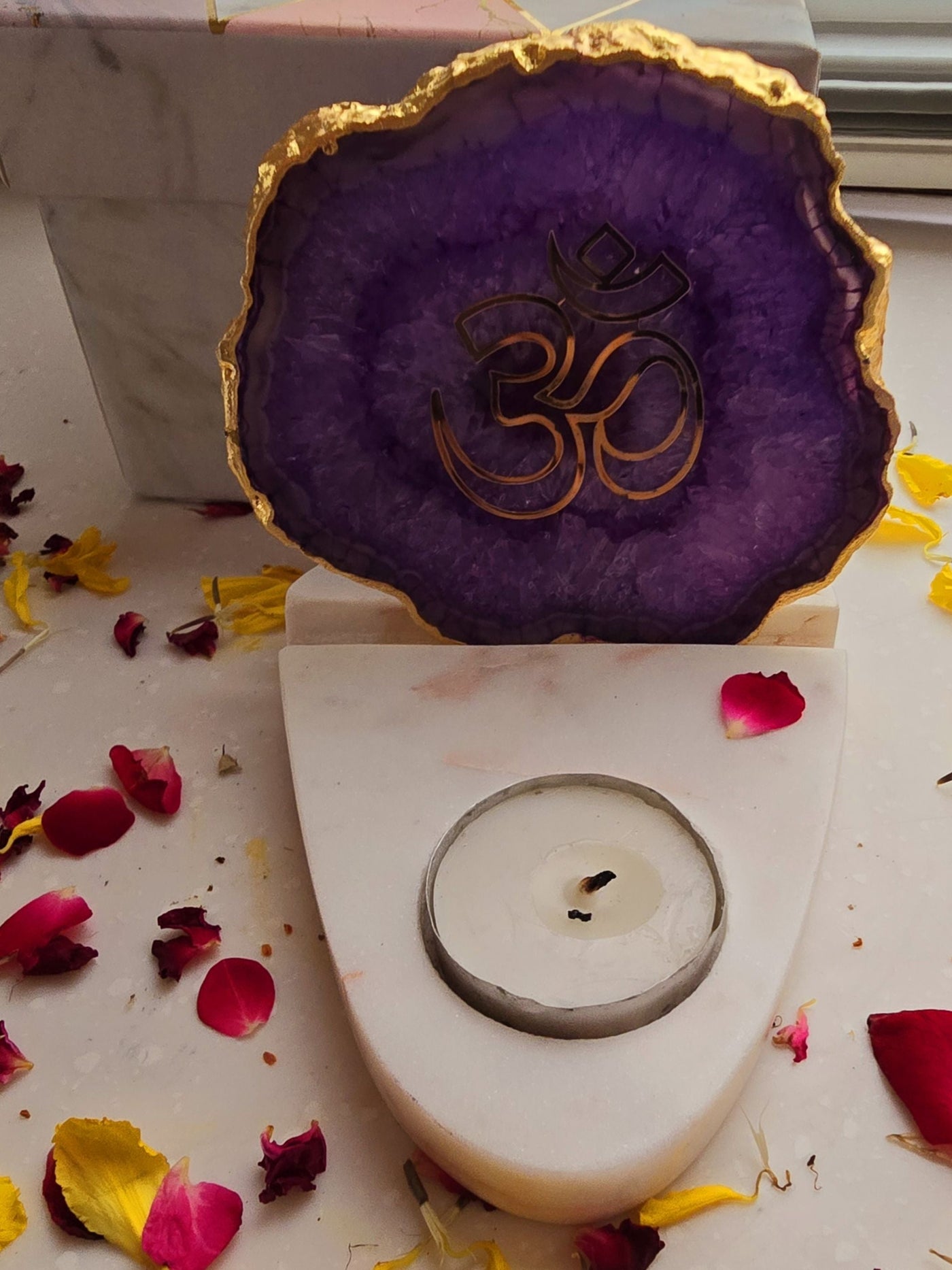 OM Agate & Marble Base Tea Light Holder Purple