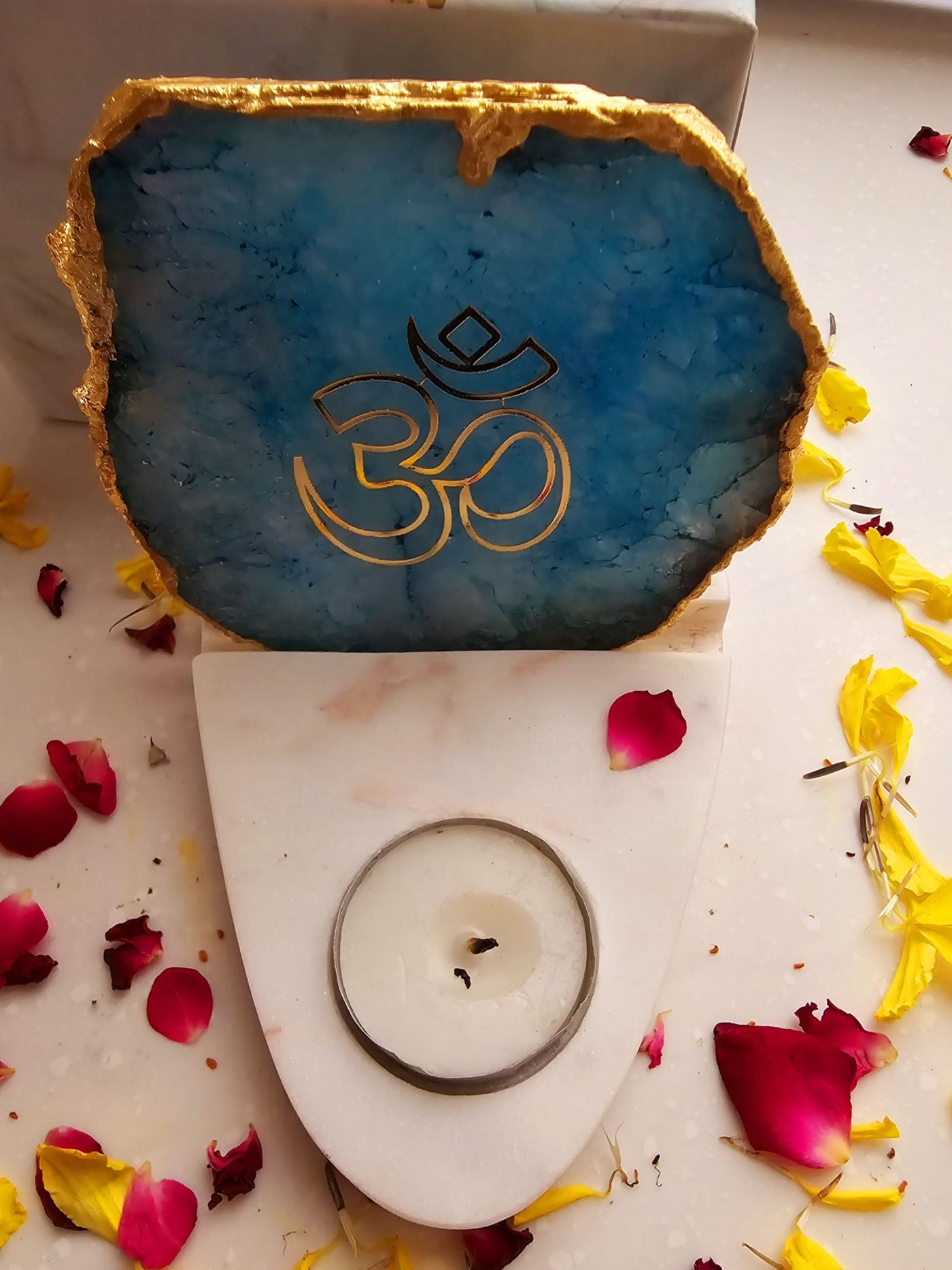 OM Agate & Marble Base Tea Light Holder Turquoise