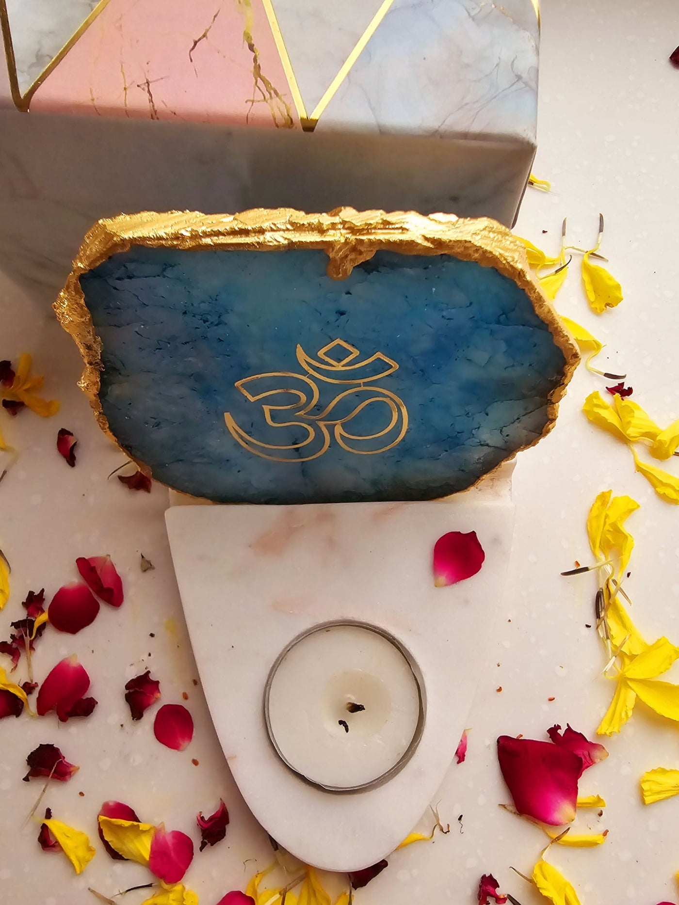 OM Agate & Marble Base Tea Light Holder Turquoise