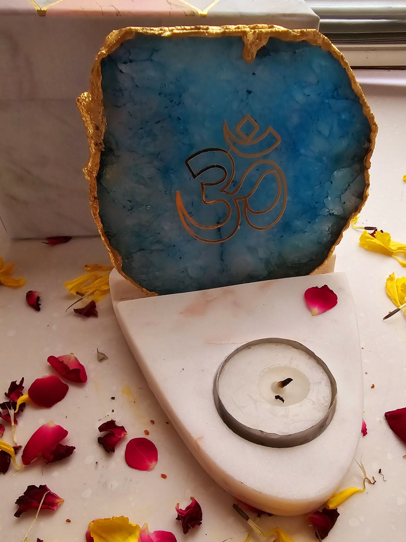 OM Agate & Marble Base Tea Light Holder Turquoise