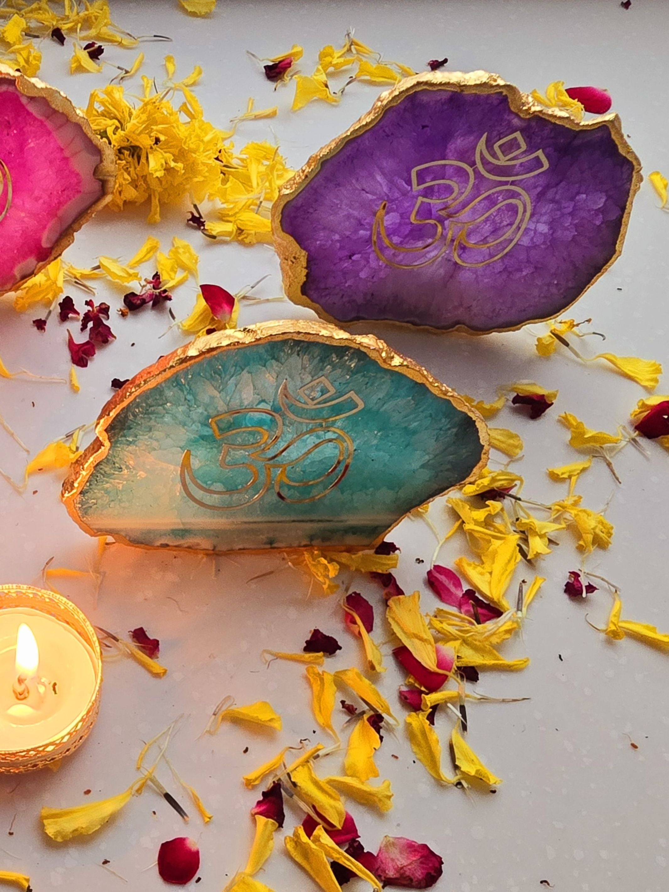 OM Agate Stone Tea light Religious Home Decor