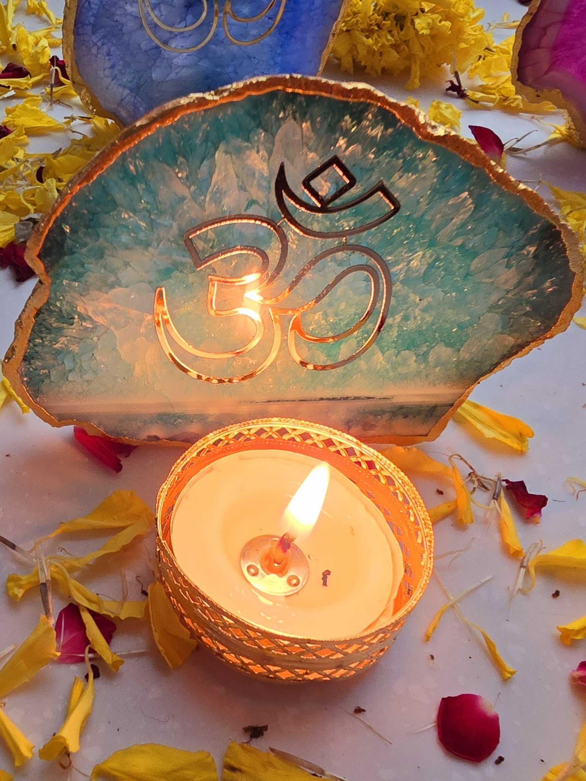 OM Agate Stone Tea light Religious Home Decor