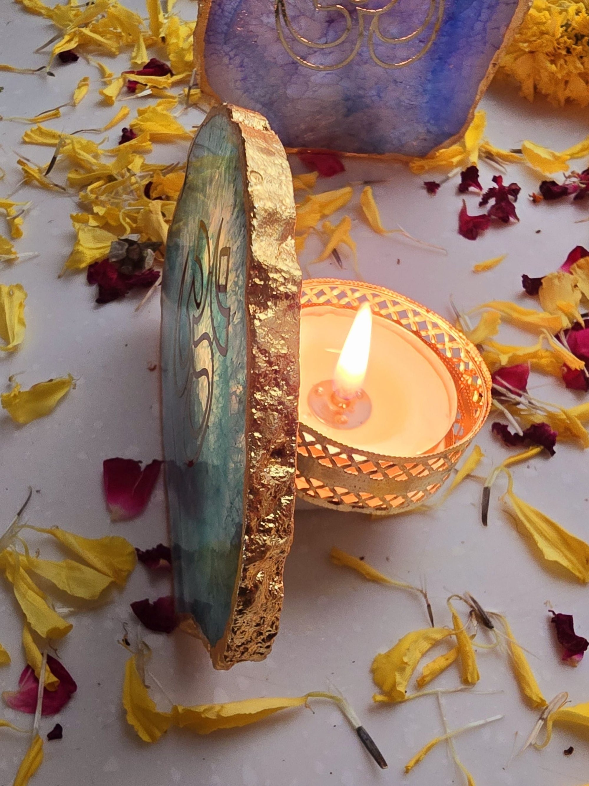 OM Agate Stone Tea light Religious Home Decor