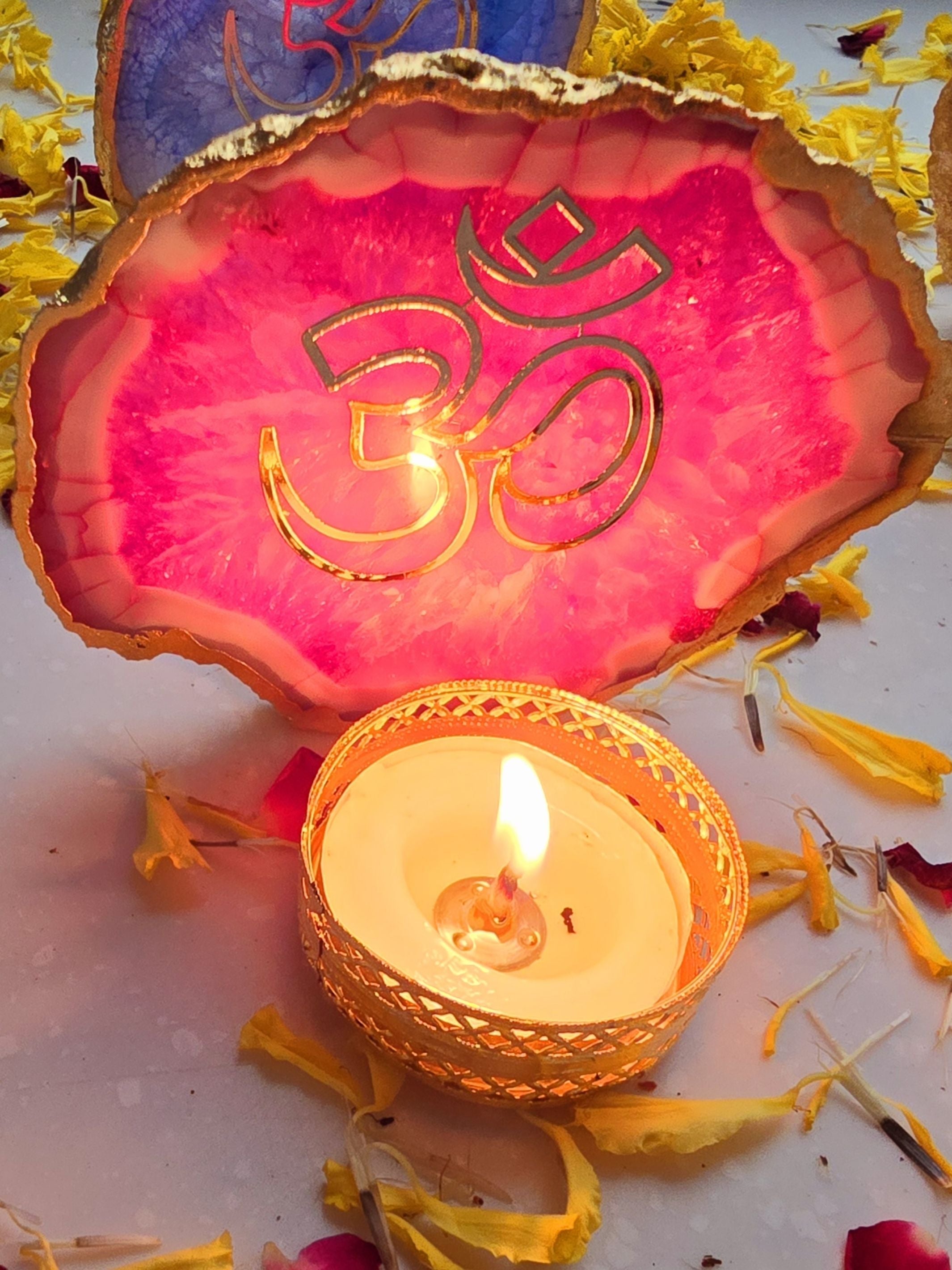 OM Agate Stone Tea light Religious Home Decor