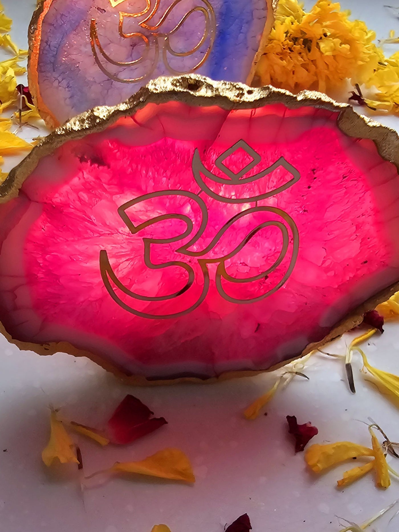 OM Agate Stone Tea light Religious Home Decor Pink