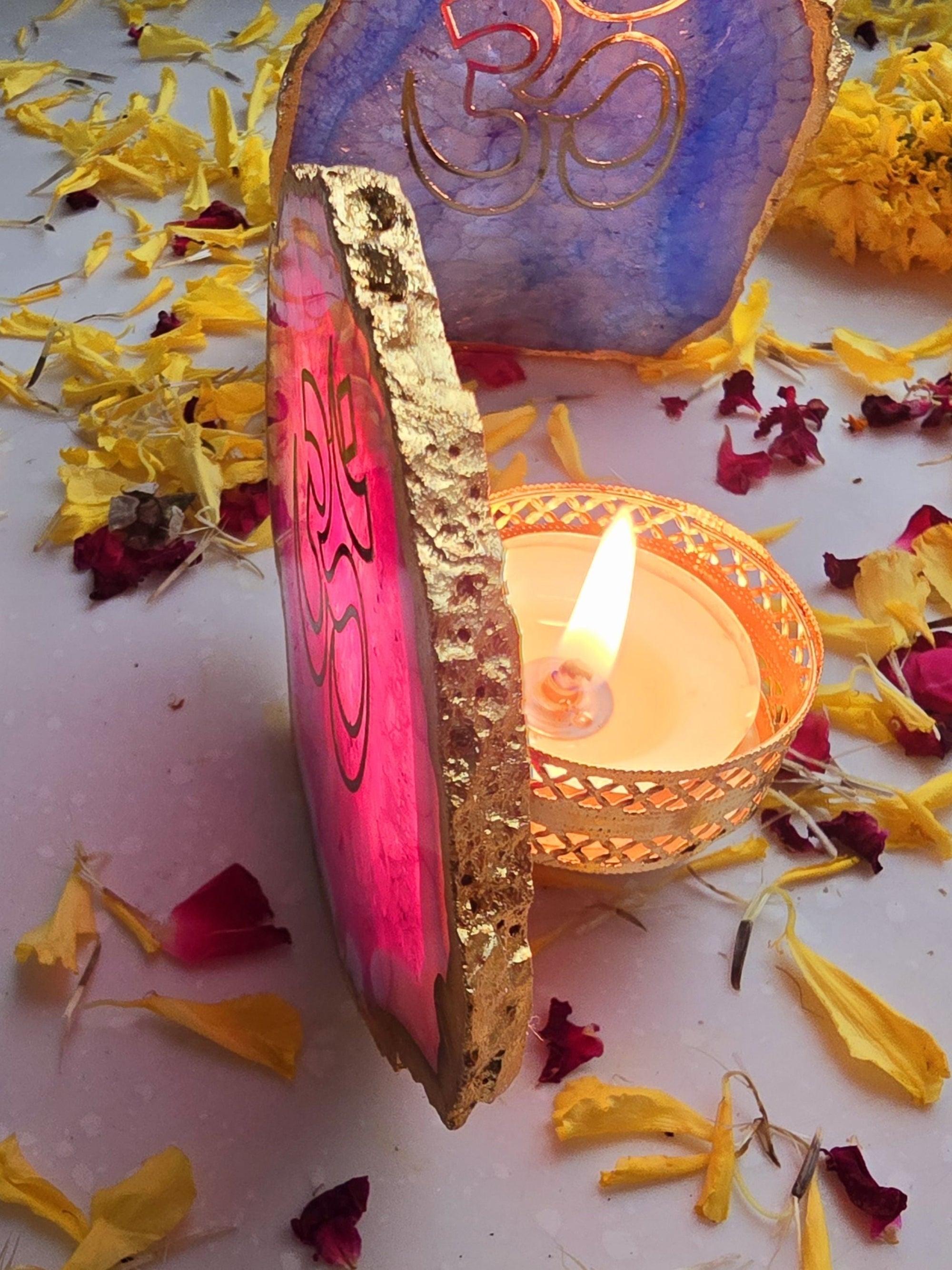 OM Agate Stone Tea light Religious Home Decor