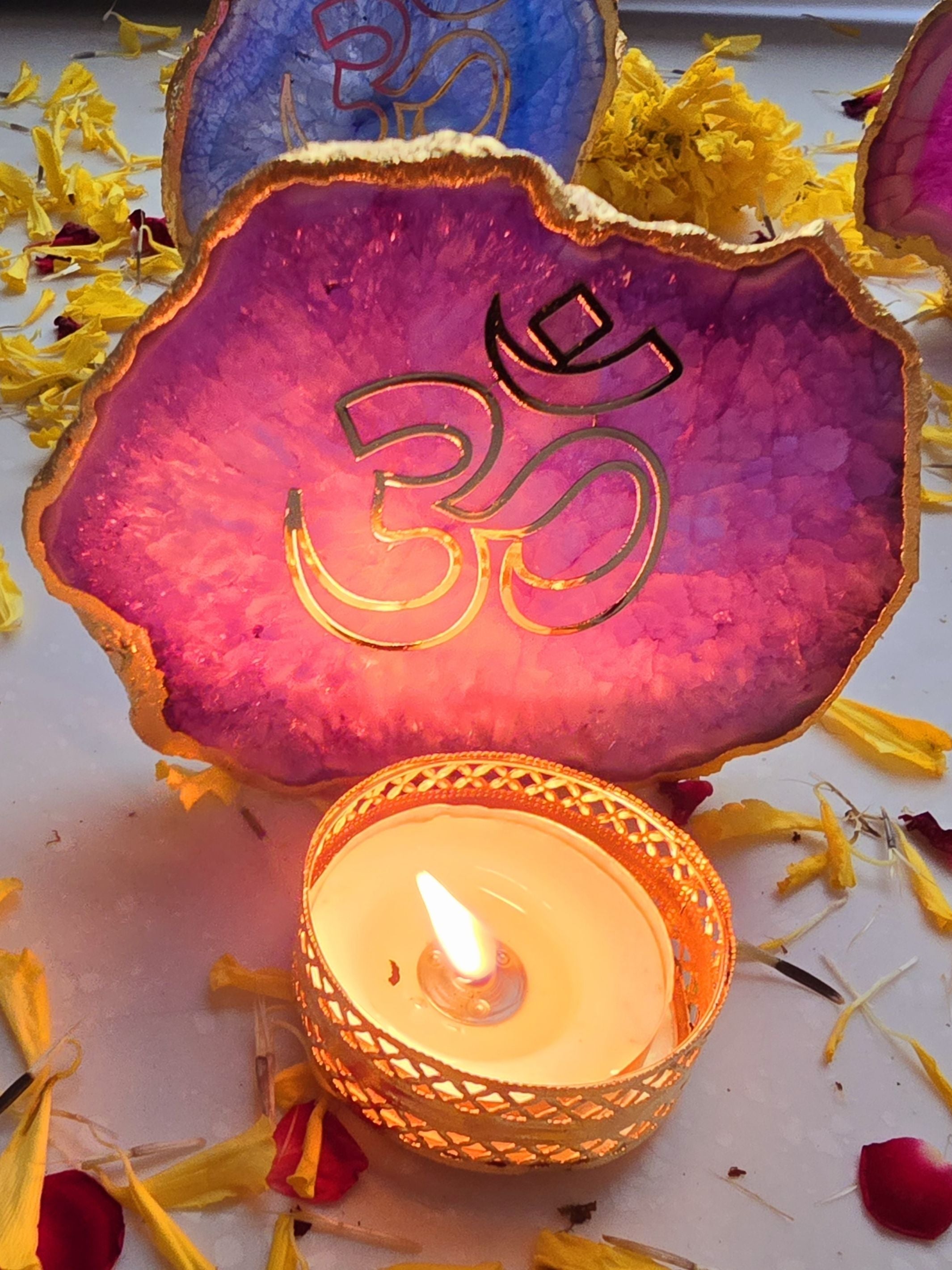 OM Agate Stone Tea light Religious Home Decor