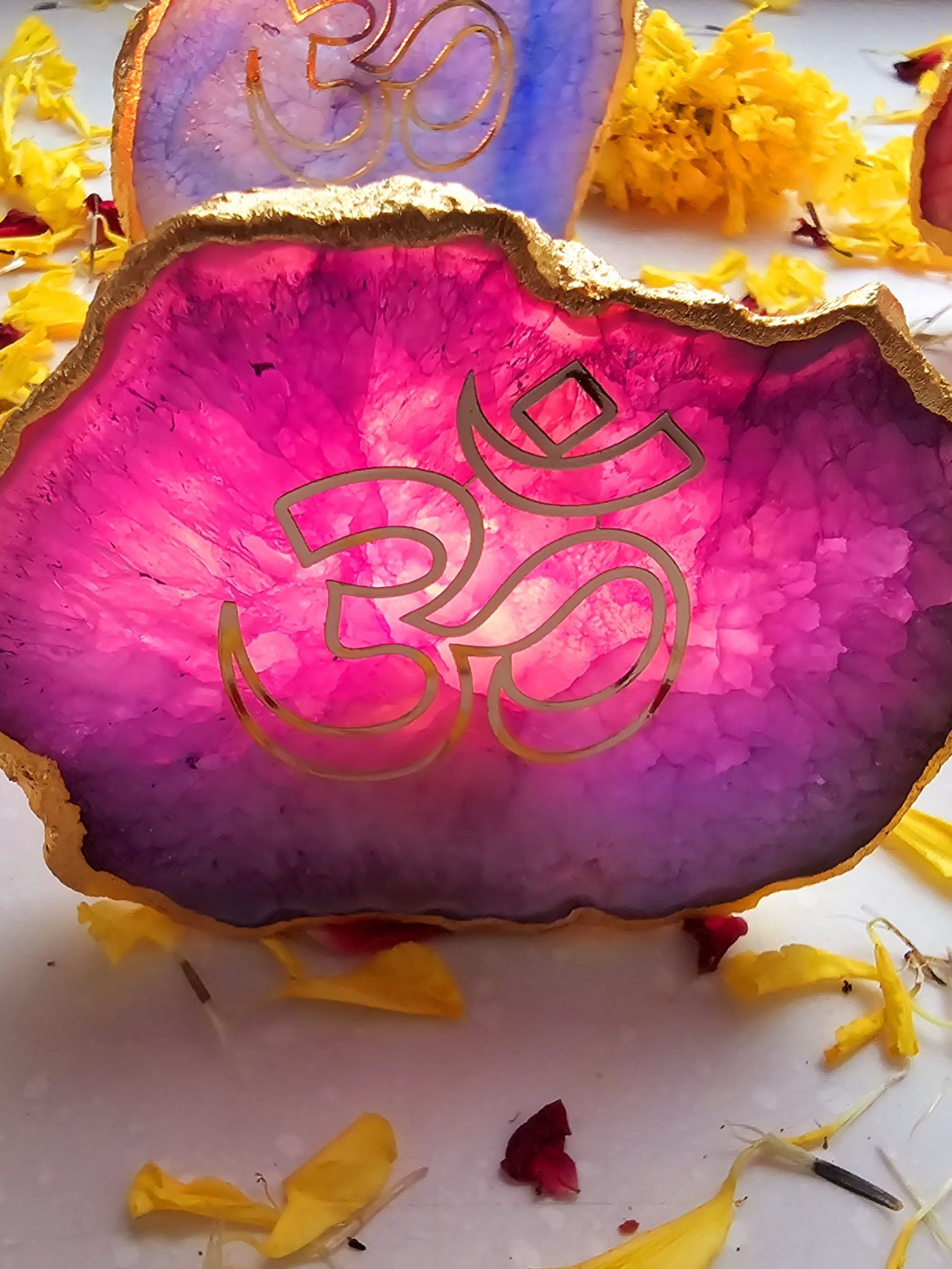 OM Agate Stone Tea light Religious Home Decor Purple