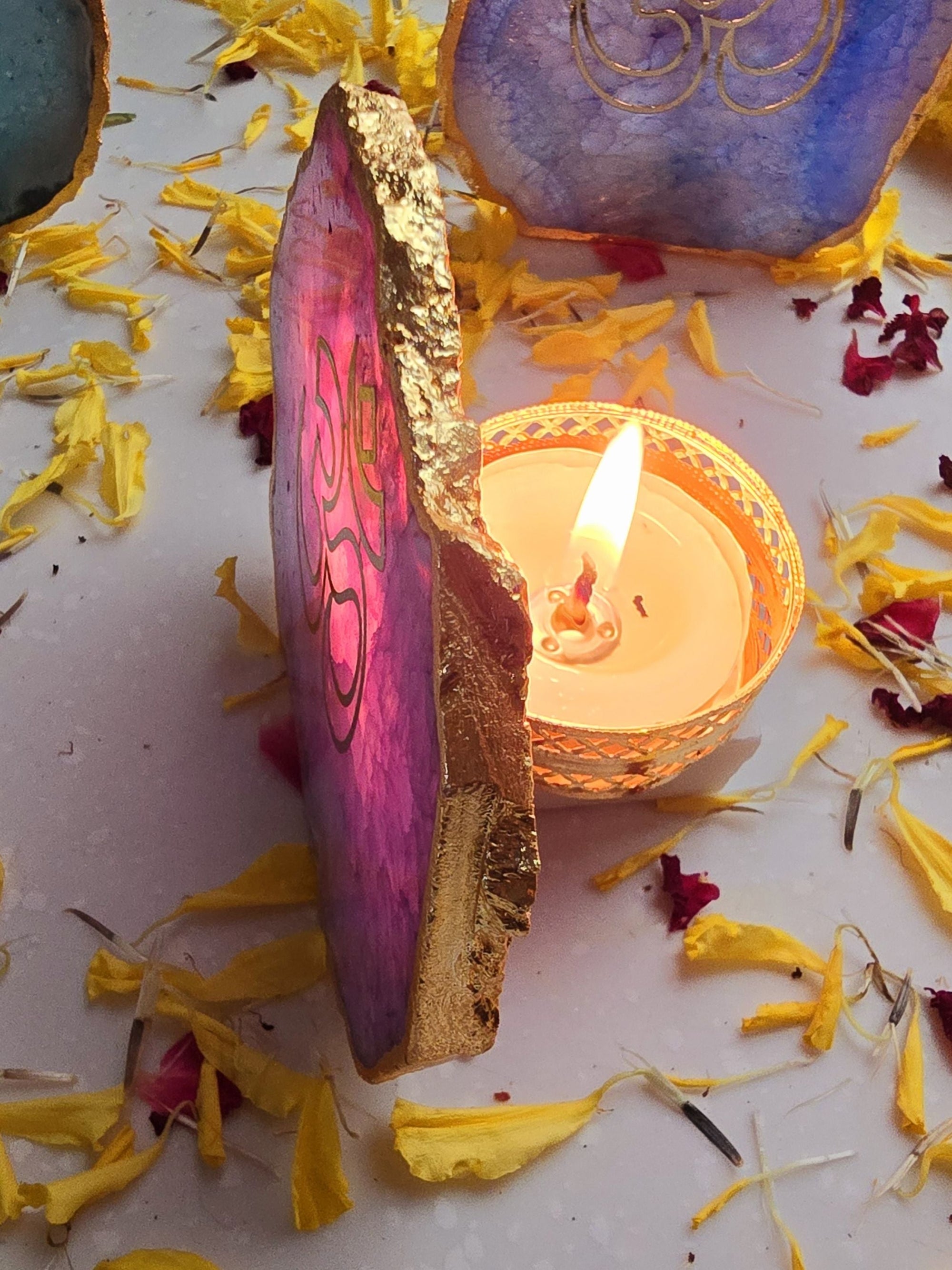OM Agate Stone Tea light Religious Home Decor