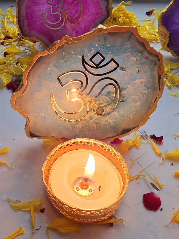 OM Agate Stone Tea light Religious Home Decor