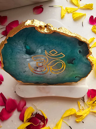 OM Agate with Marble Tea light Religious Home Decor Green