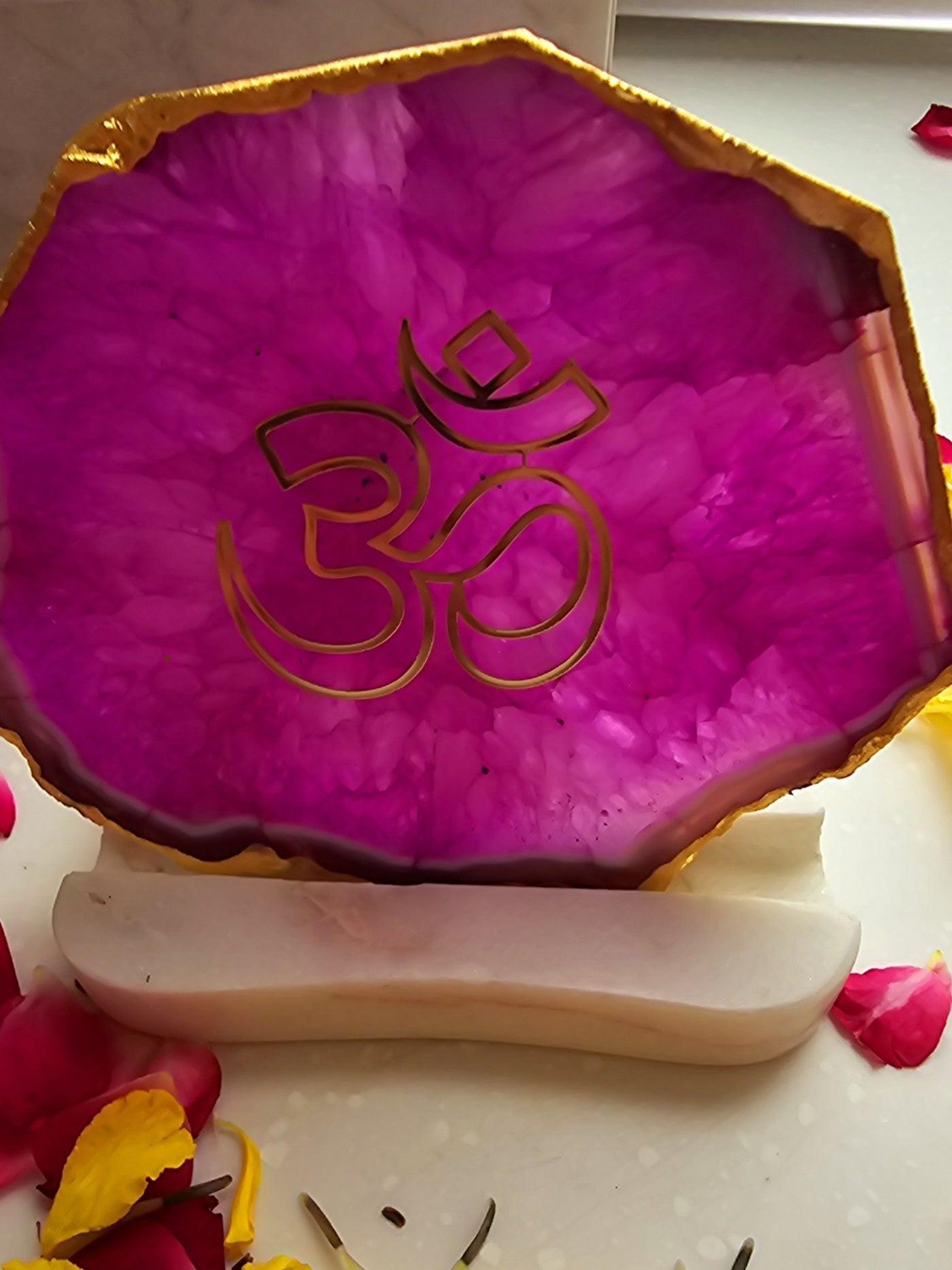 OM Agate with Marble Tea light Religious Home Decor Pink