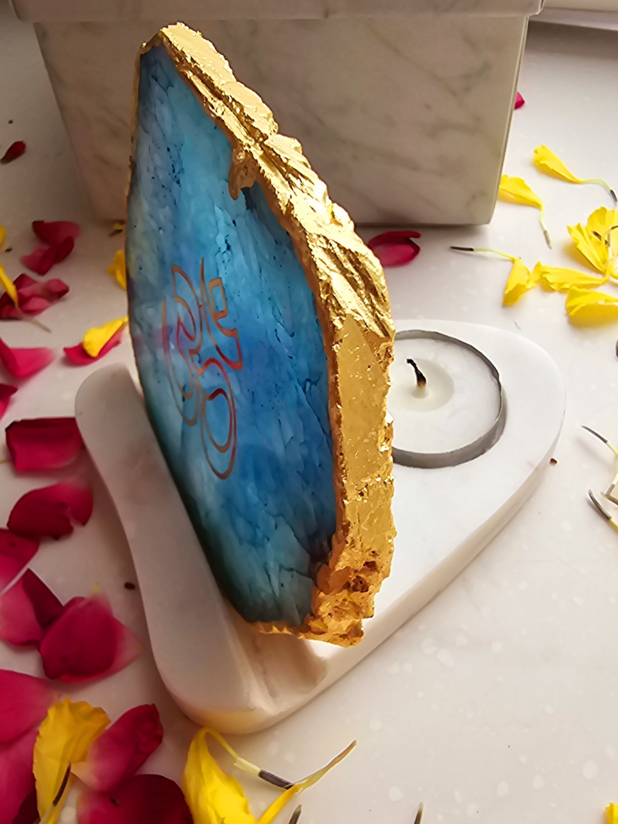 OM Agate with Marble Tea light Religious Home Decor