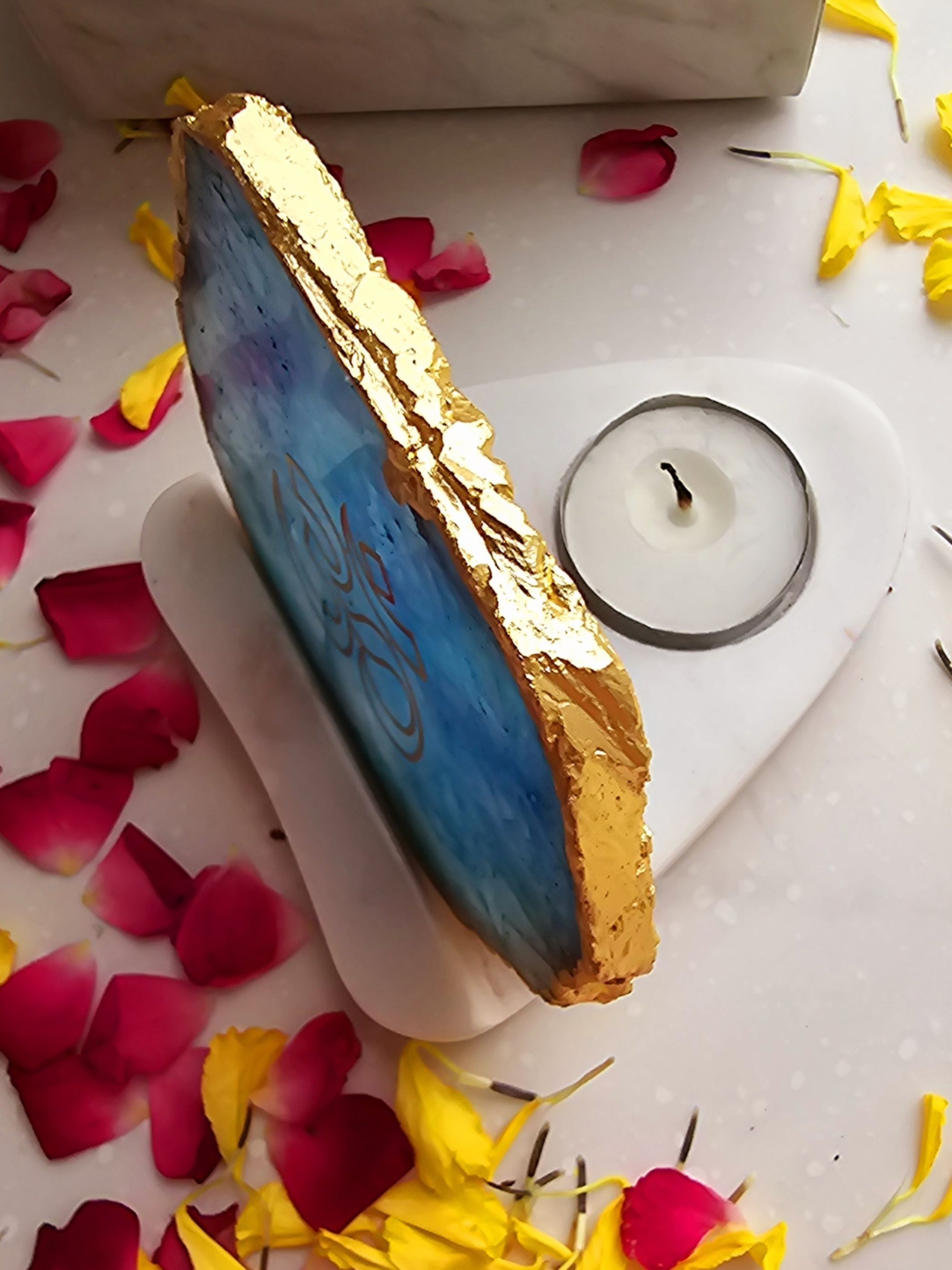 OM Agate with Marble Tea light Religious Home Decor