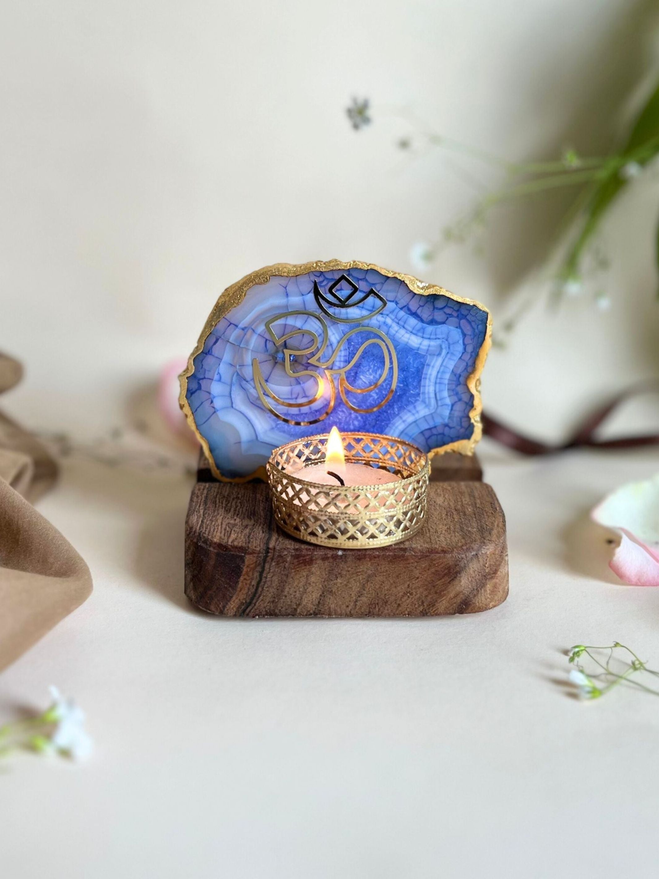 OM Tea Light Holder - Agate with Wood