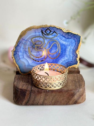 OM Tea Light Holder Blue Agate with Wood