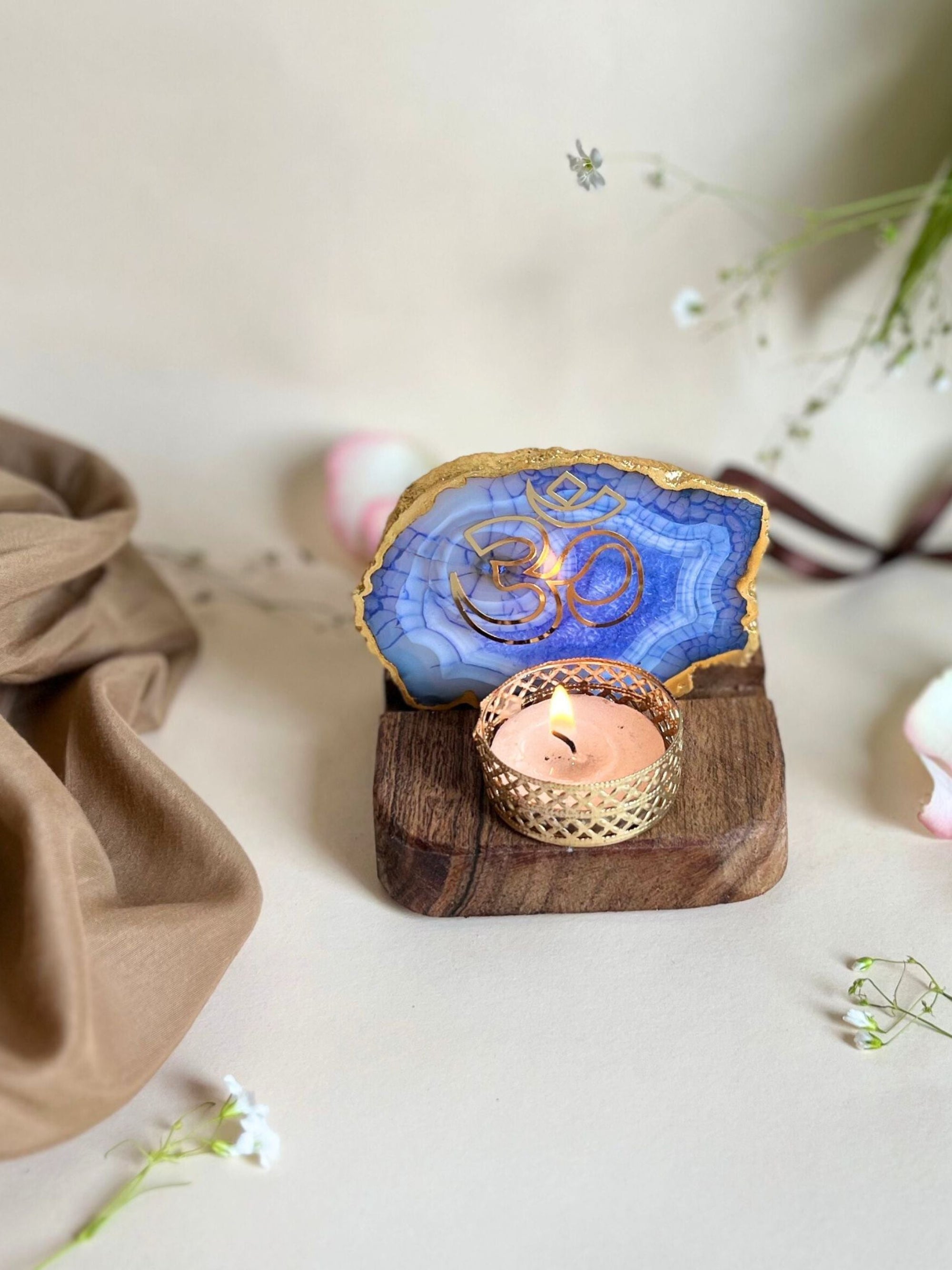 OM Tea Light Holder - Agate with Wood