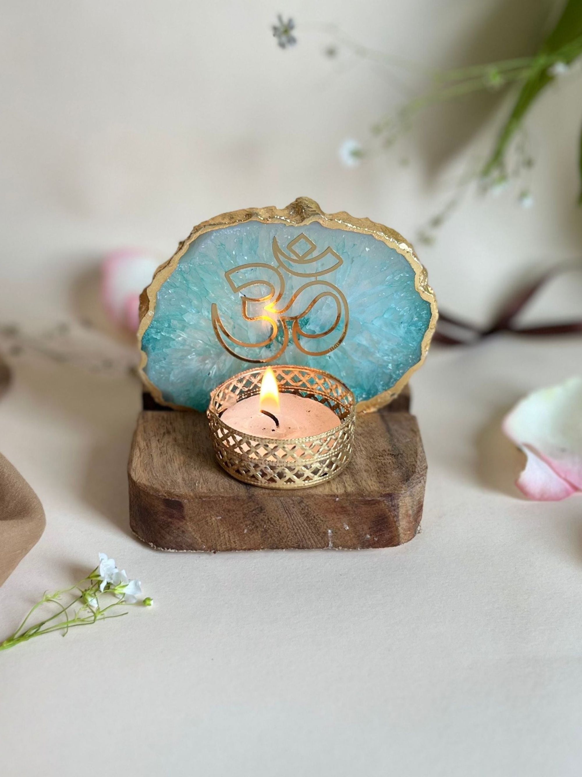 OM Tea Light Holder - Agate with Wood
