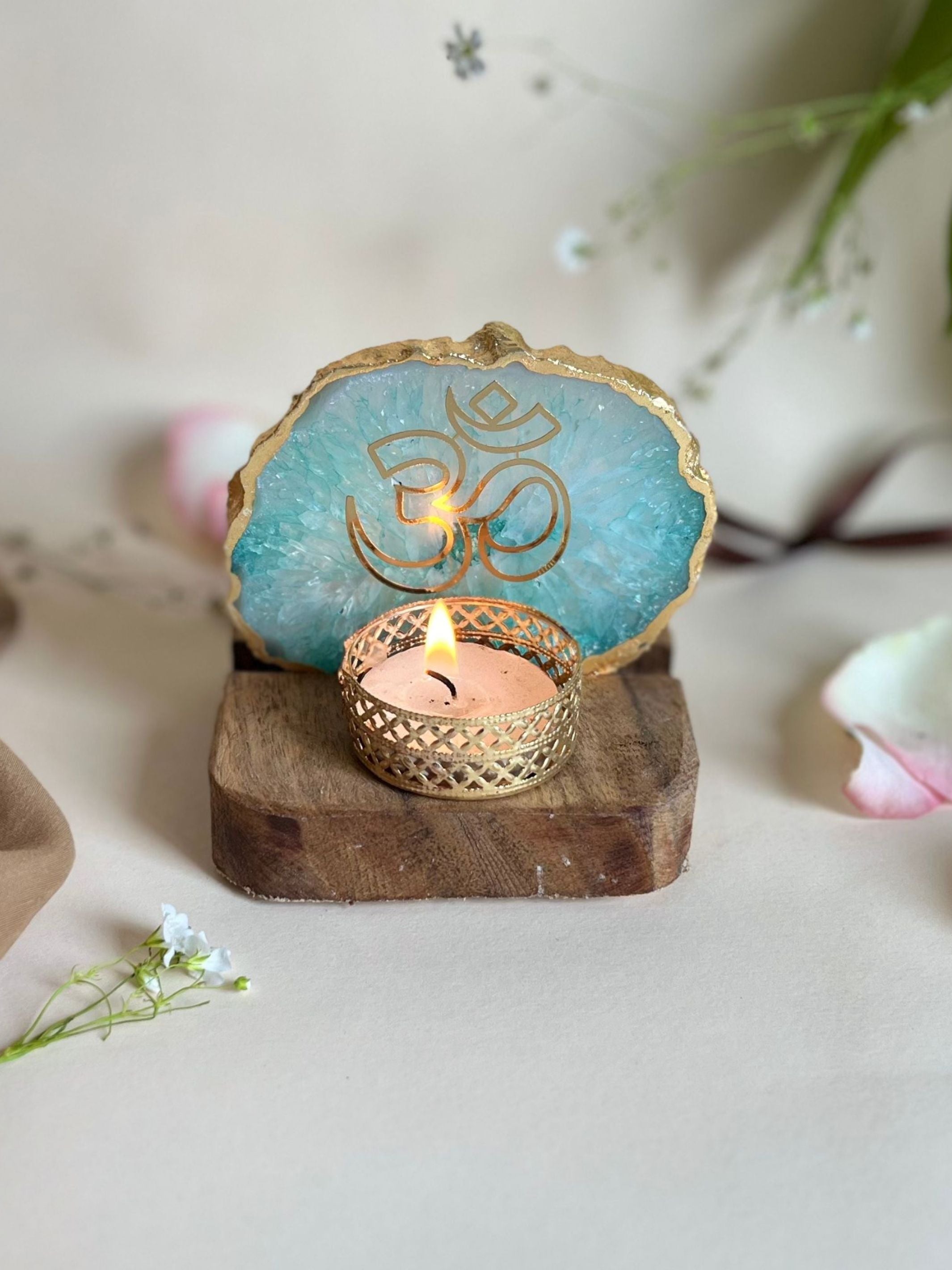 OM Tea Light Holder - Agate with Wood