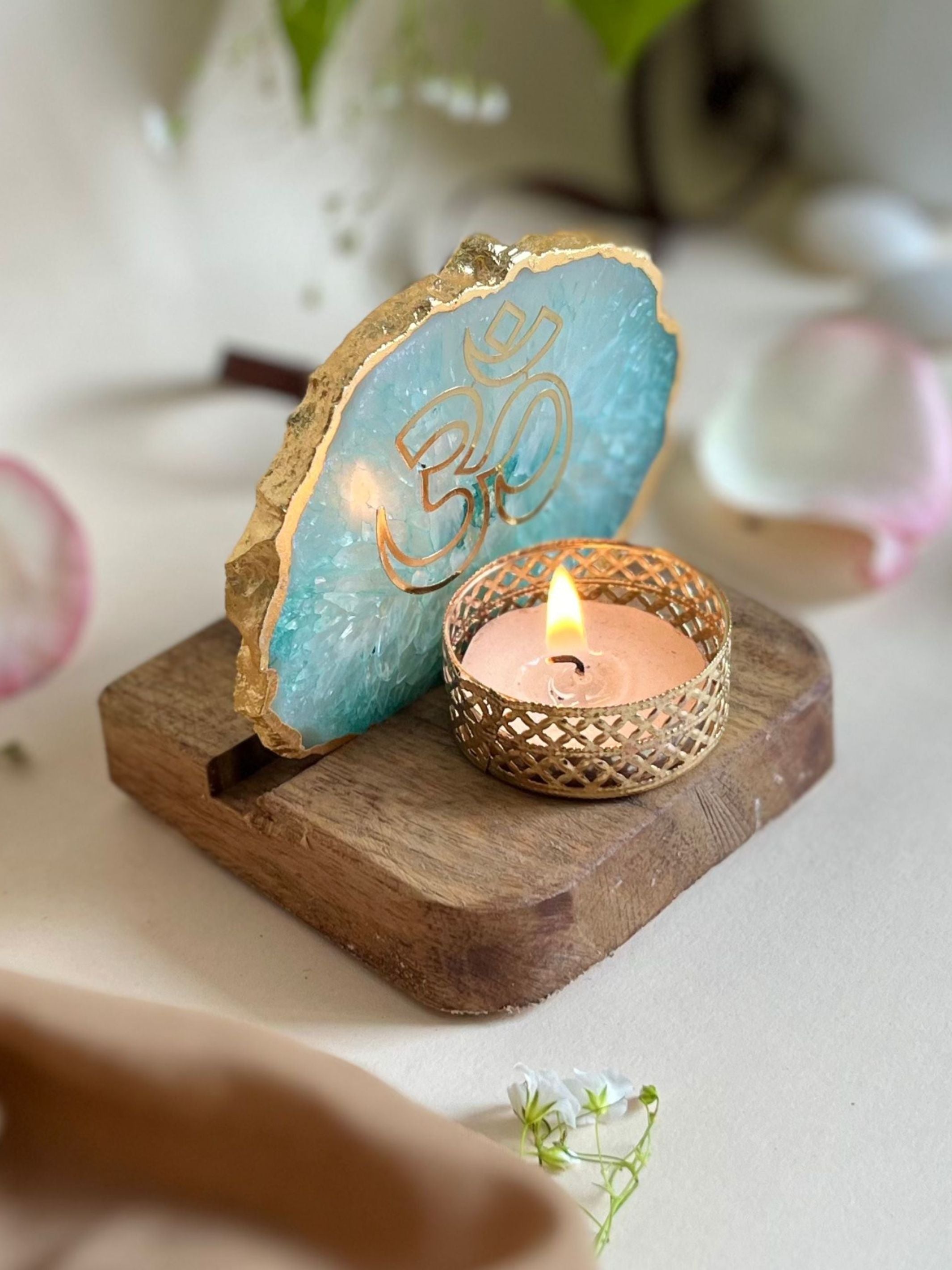 OM Tea Light Holder - Agate with Wood