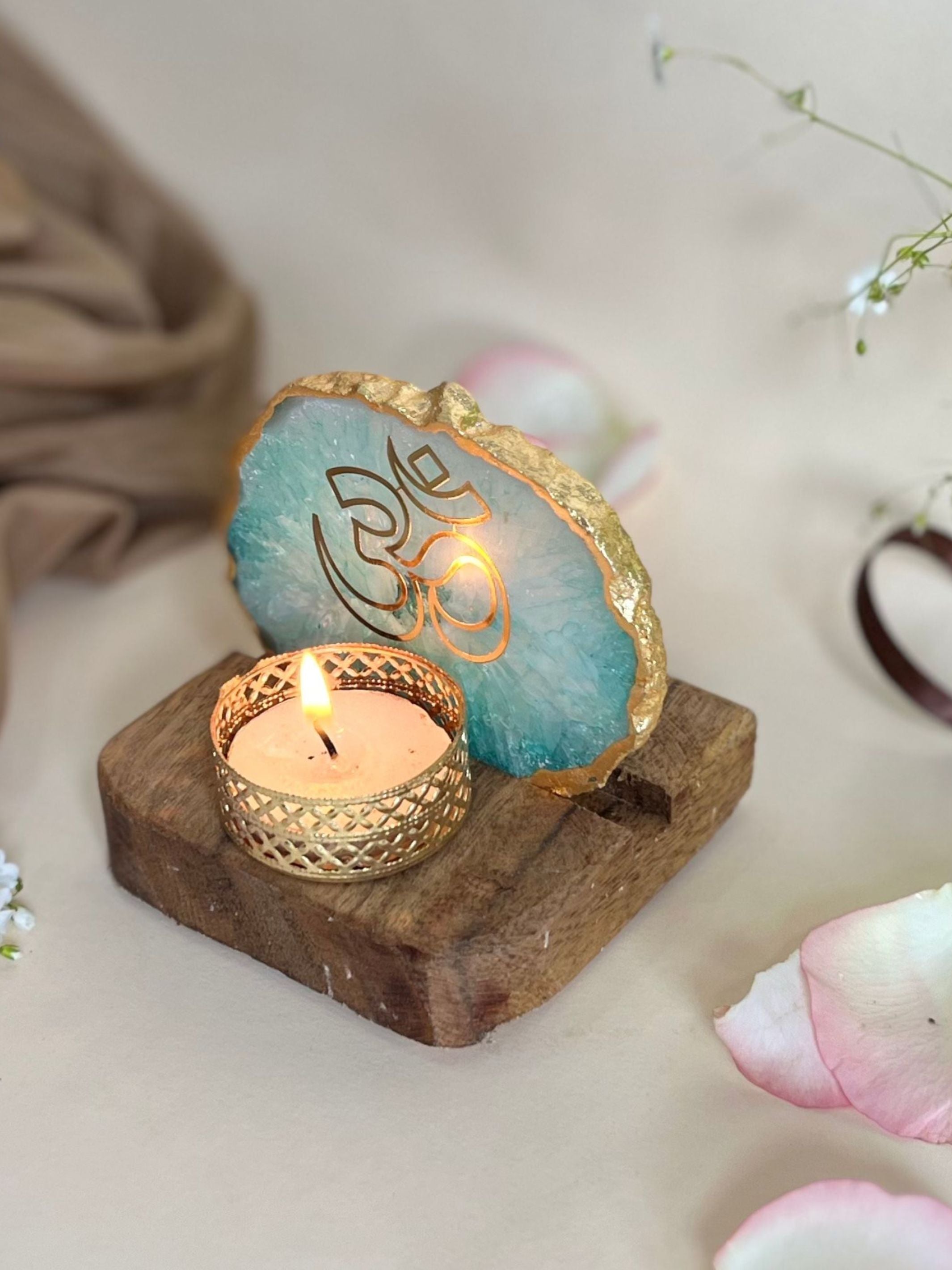 OM Tea Light Holder - Agate with Wood
