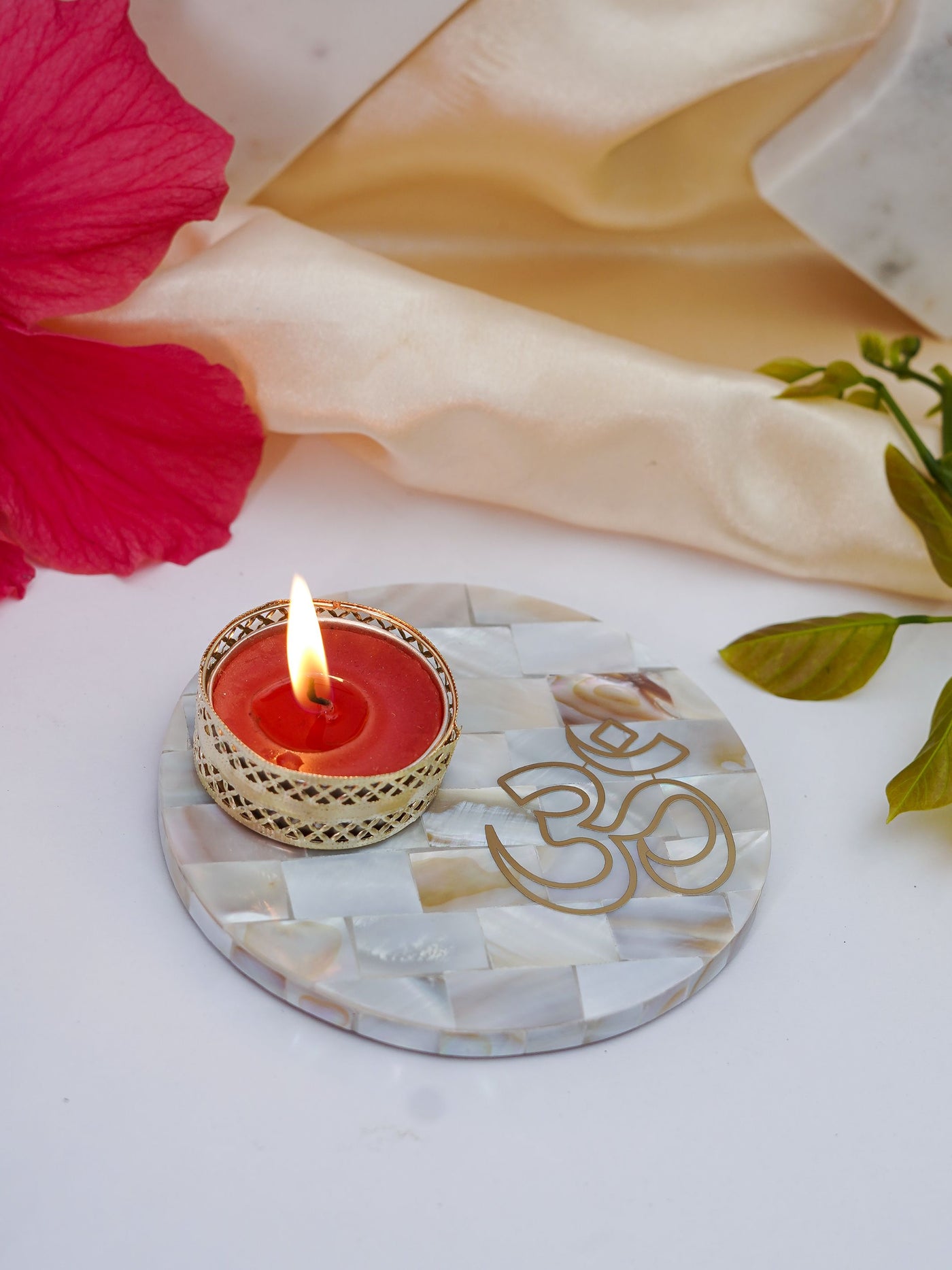 Tea Light Holder - Mother of Pearl with OM