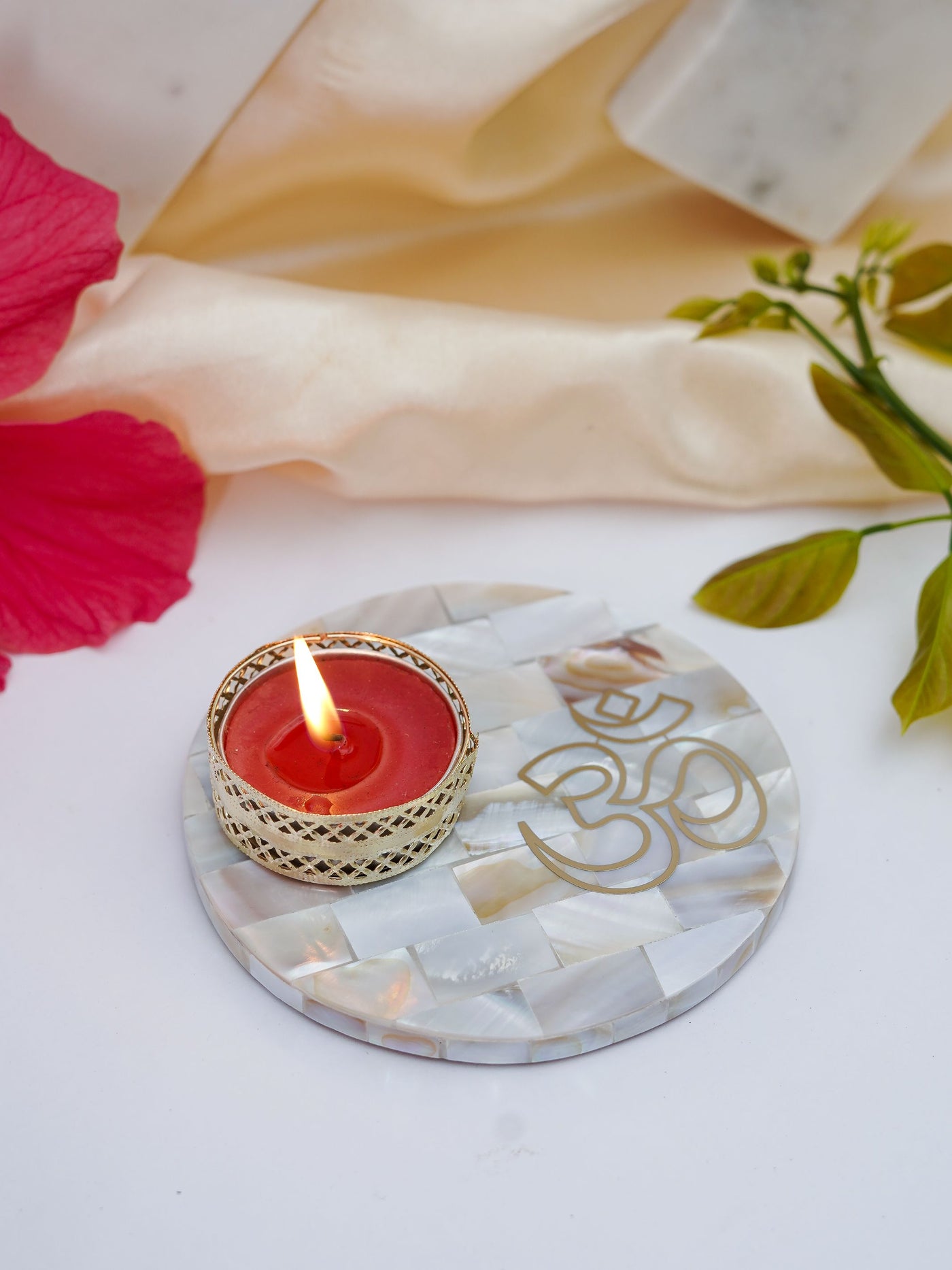 Tea Light Holder - Mother of Pearl with OM