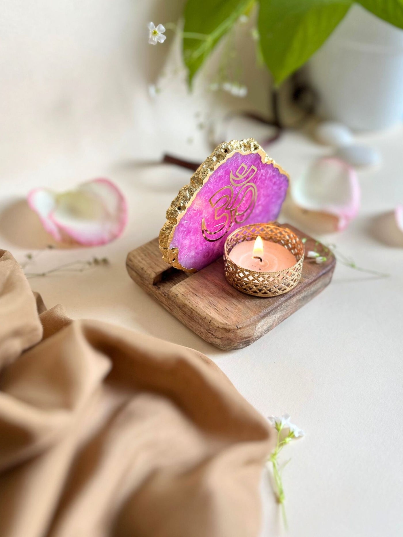 OM Tea Light Holder Pink Agate with Wood