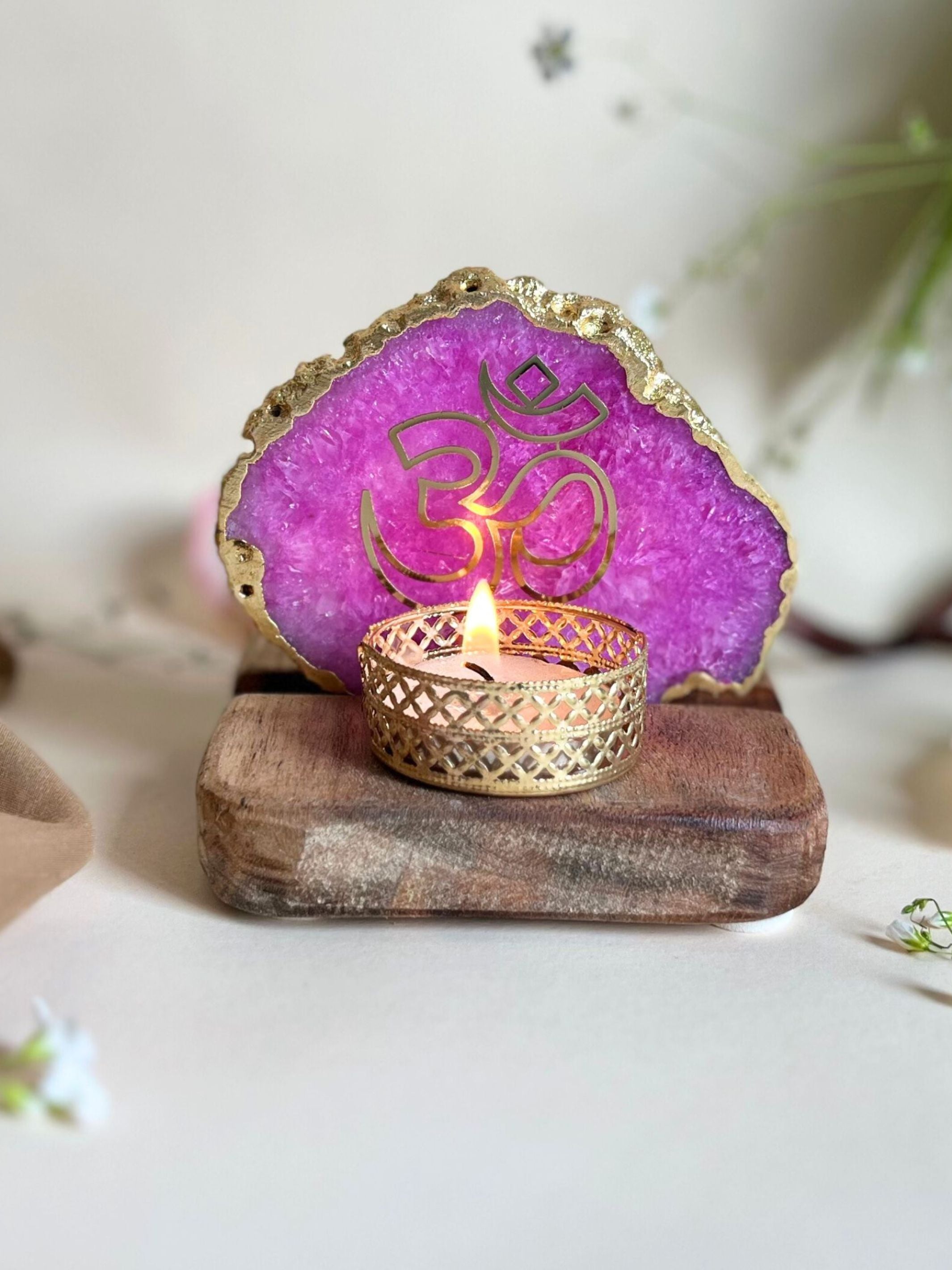 OM Tea Light Holder - Agate with Wood