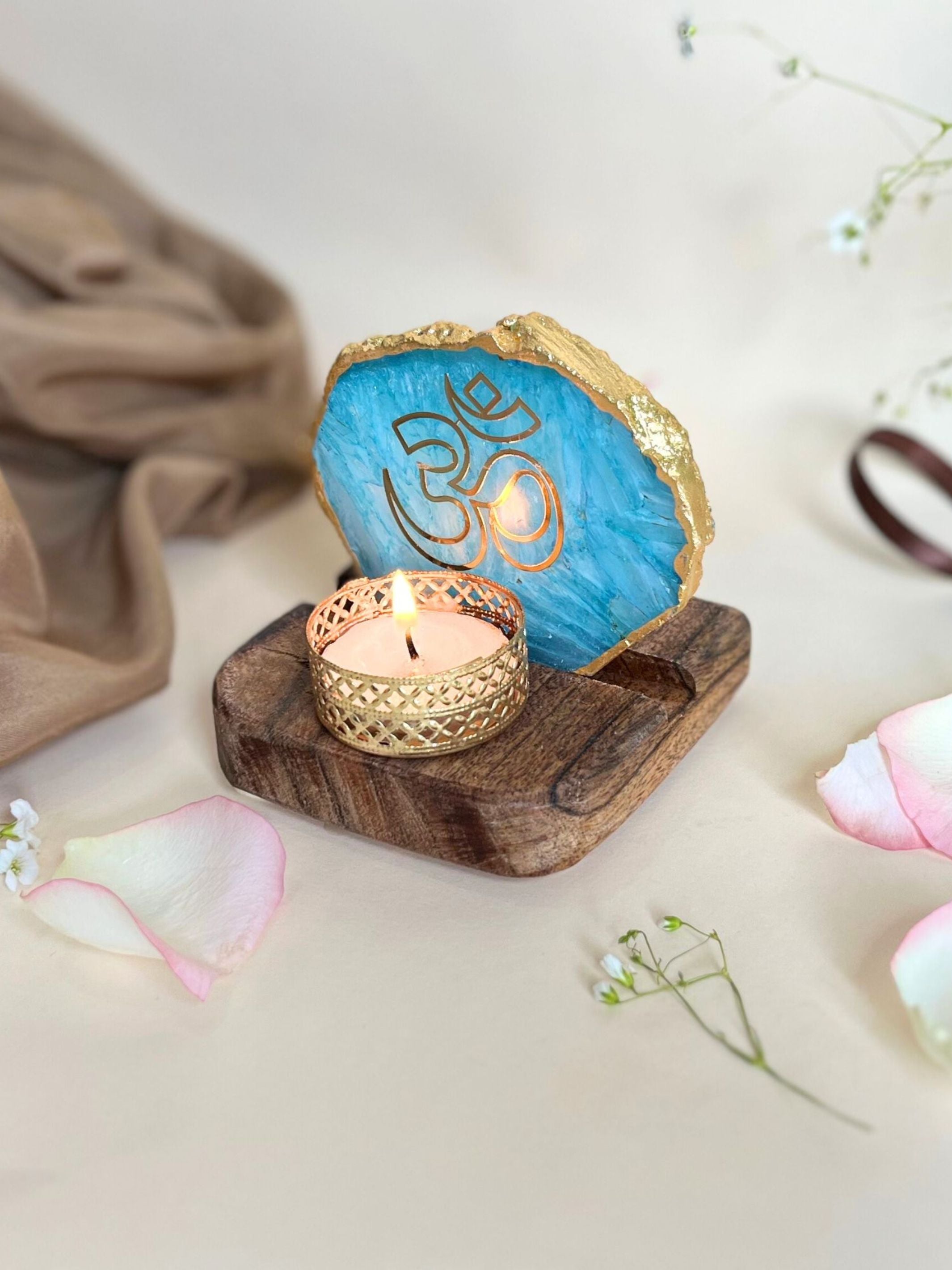 OM Tea Light Holder - Agate with Wood