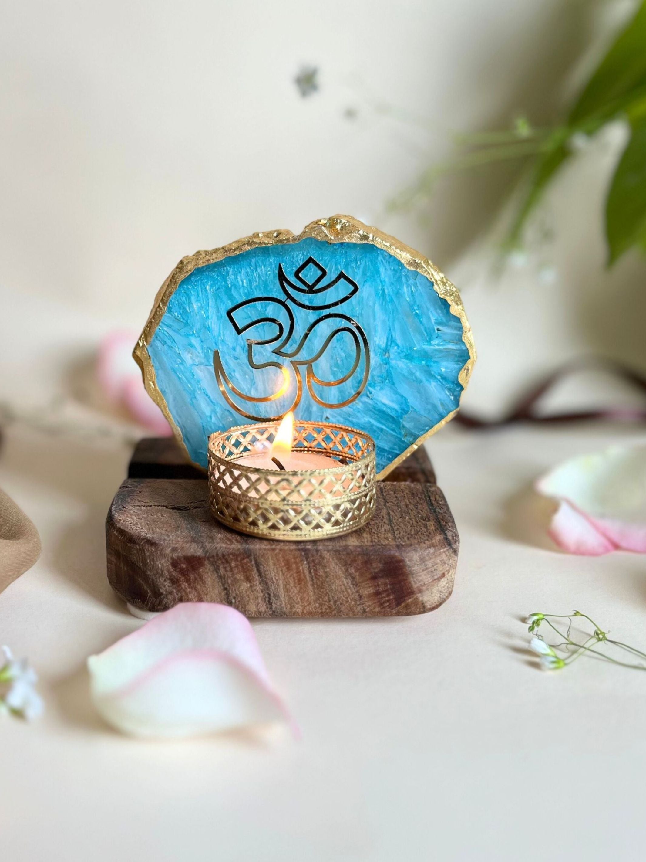 OM Tea Light Holder - Agate with Wood