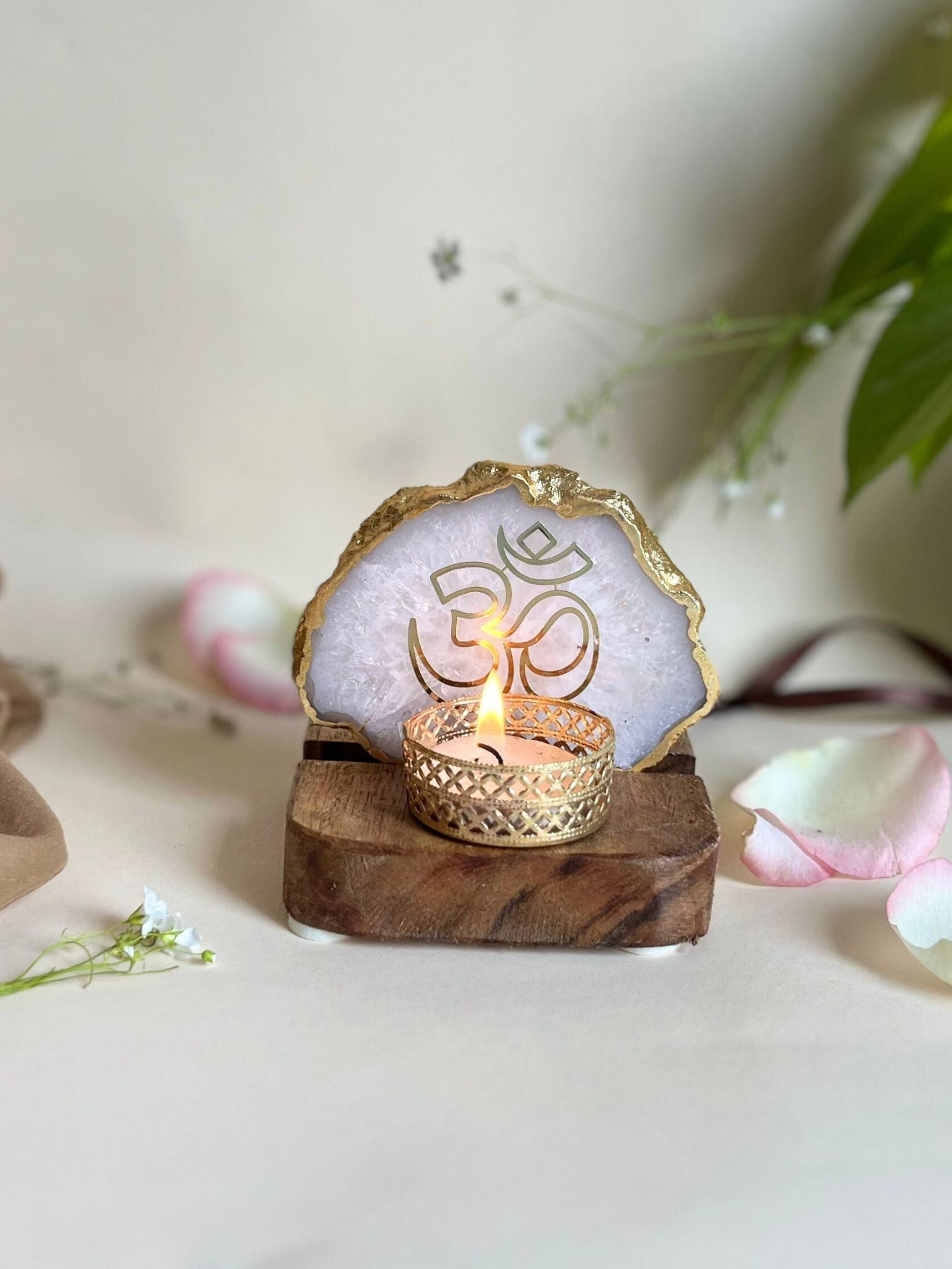 OM Tea Light Holder - Agate with Wood
