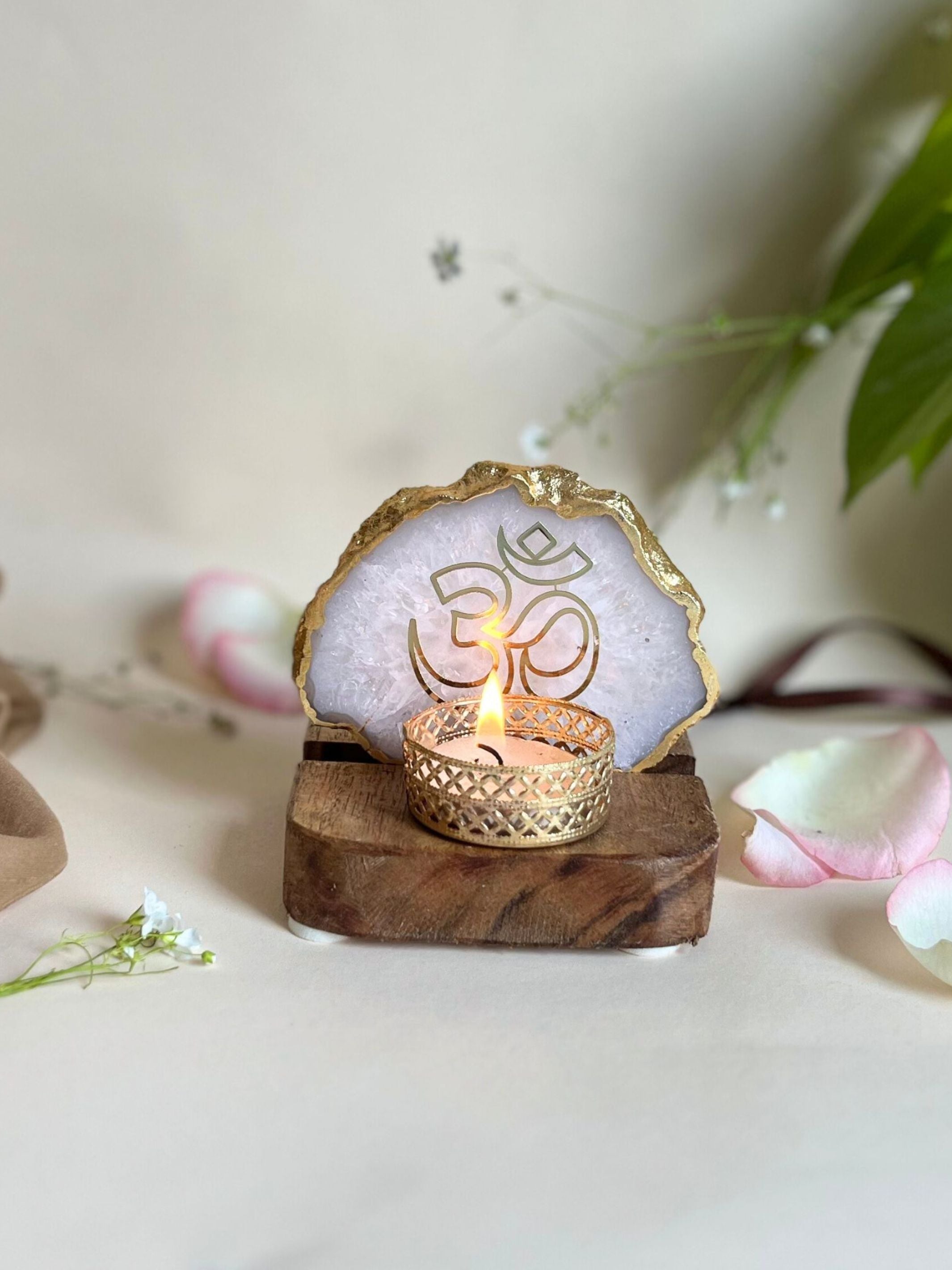 OM Tea Light Holder - Agate with Wood