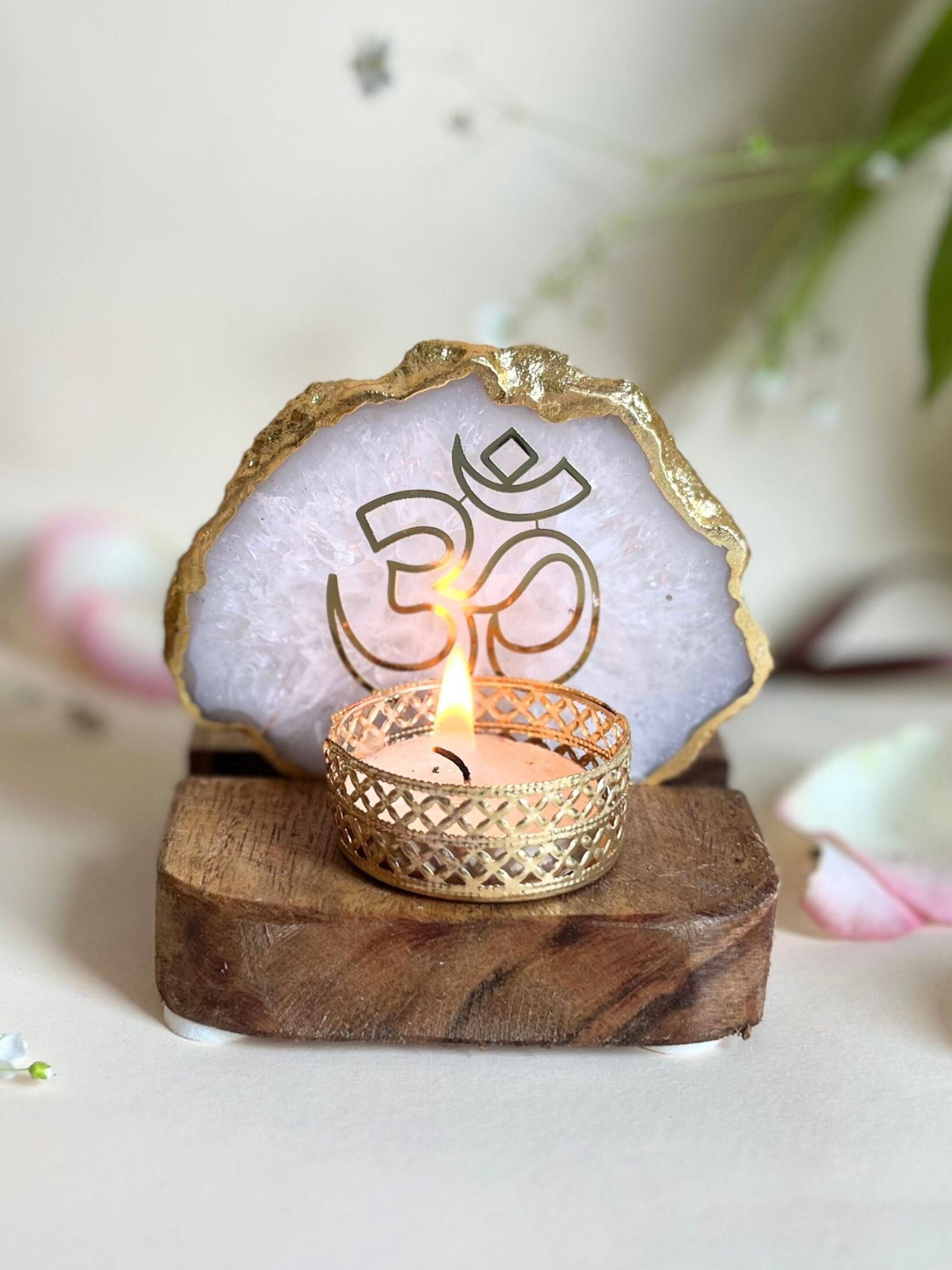 OM Tea Light Holder - Agate with Wood