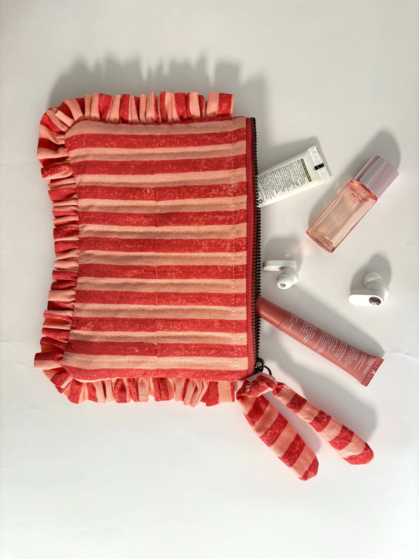 Pink & Red Stripes & Quilted Cotton Flat Frill Travel Pouch