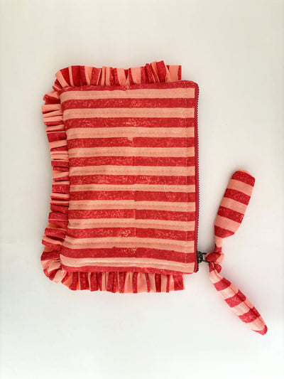 Pink & Red Stripes & Quilted Cotton Flat Frill Travel Pouch