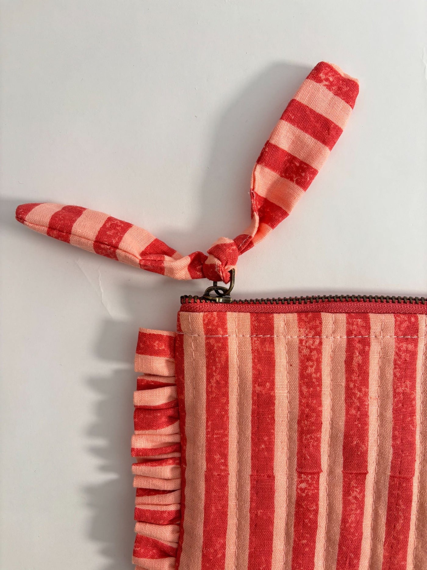 Pink & Red Stripes & Quilted Cotton Flat Frill Travel Pouch