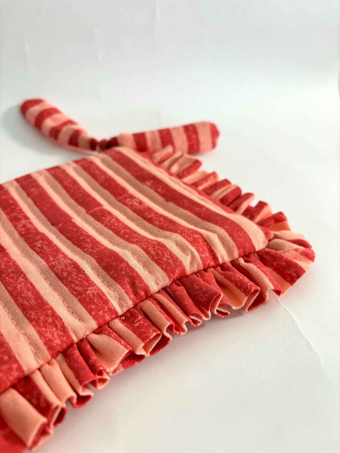 Pink & Red Stripes & Quilted Cotton Flat Frill Travel Pouch