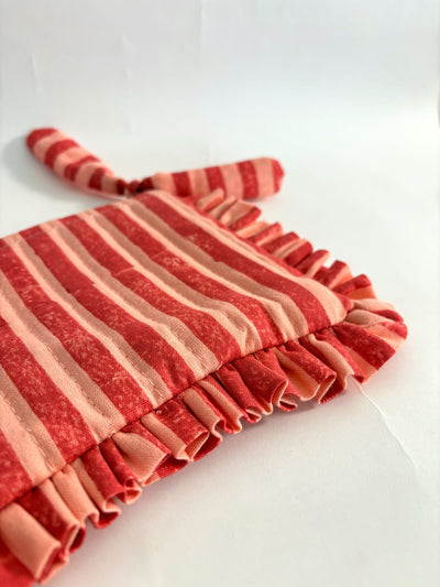 Pink & Red Stripes & Quilted Cotton Flat Frill Travel Pouch