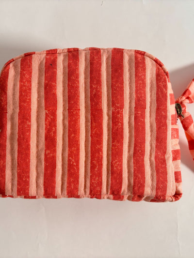 Pink & Red Stripes Quilted Cotton Travel Pouch