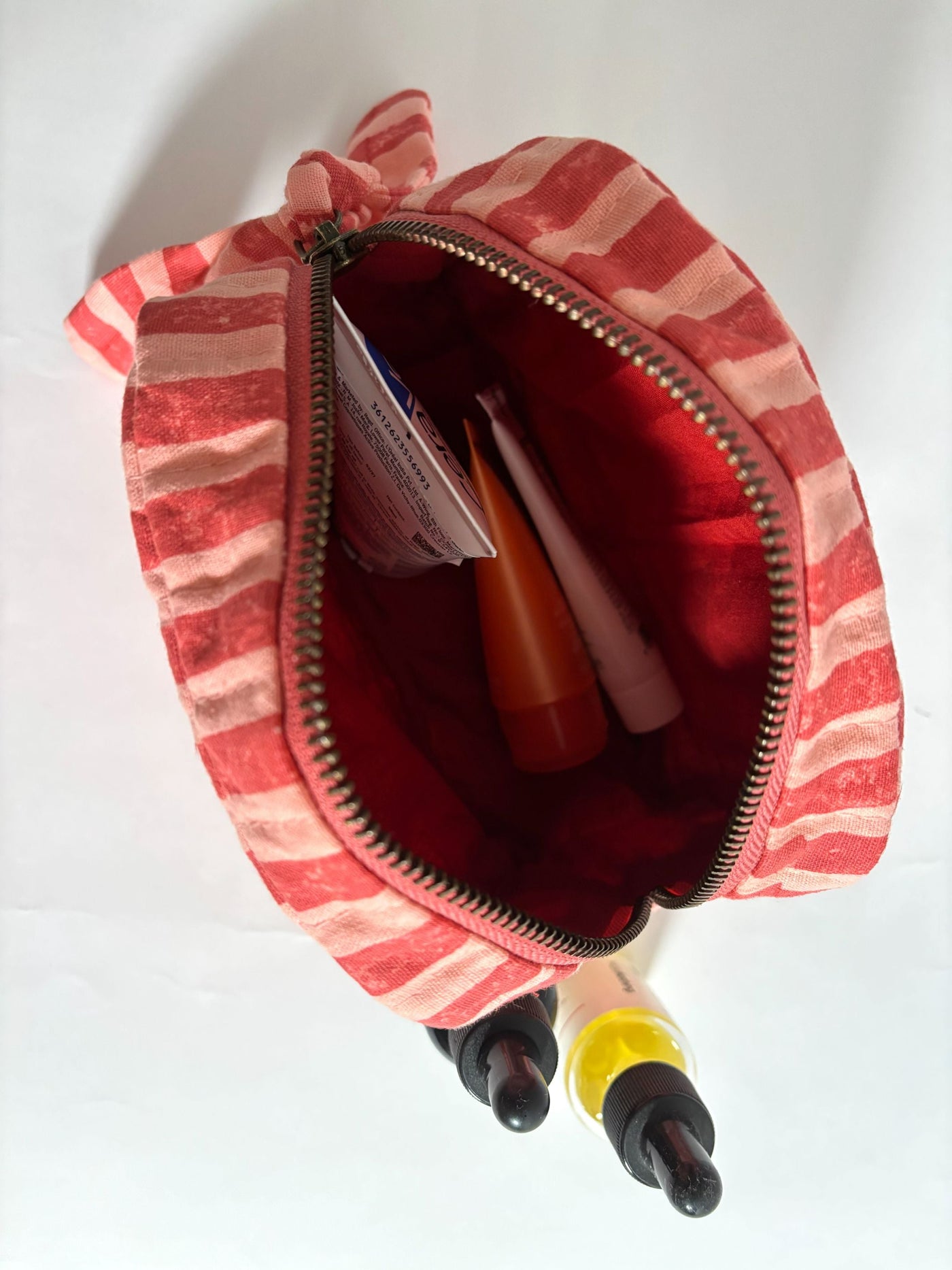 Pink & Red Stripes Quilted Cotton Travel Pouch