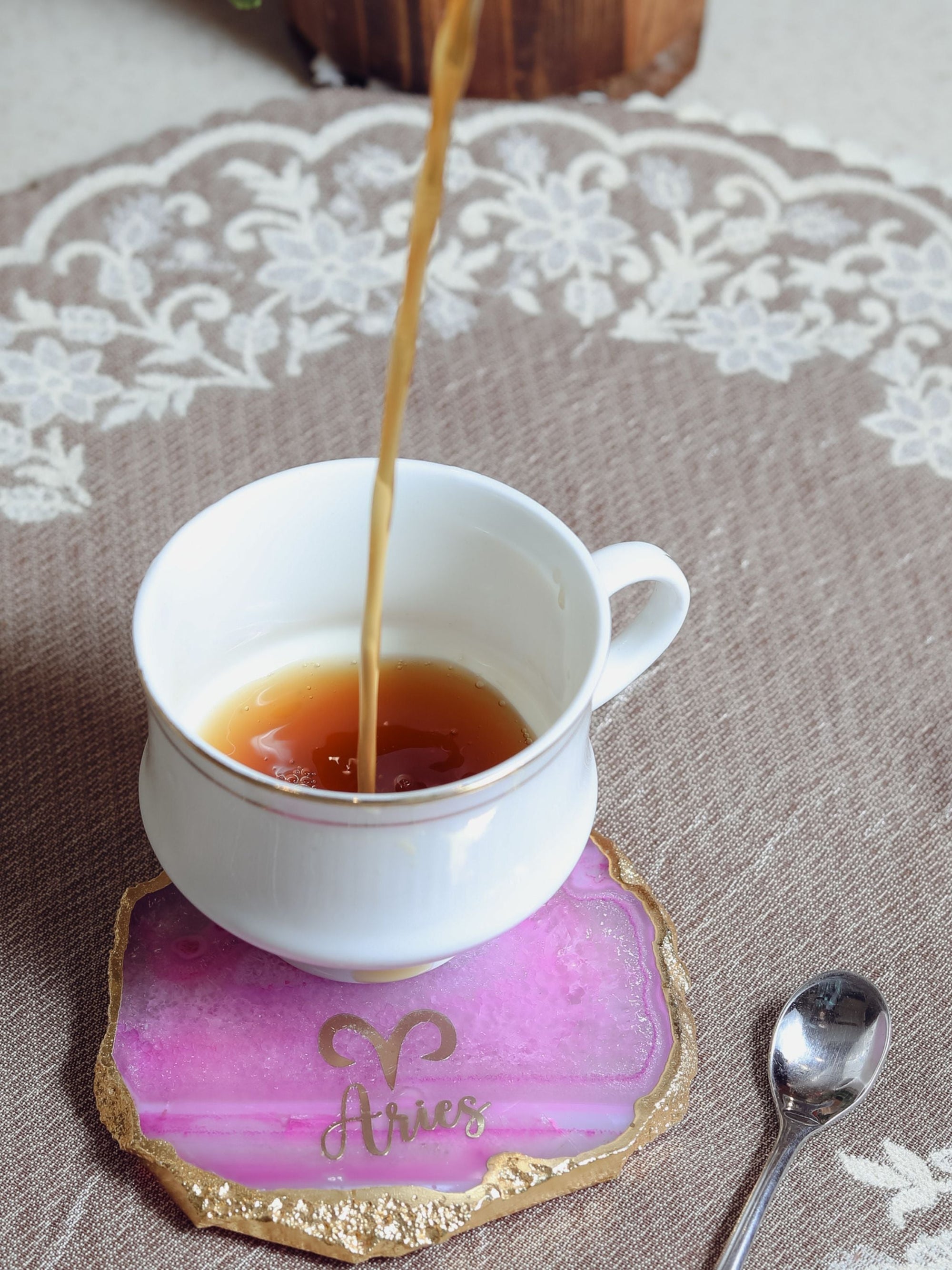 Pink Agate Zodiac Sign Aries Table Coaster
