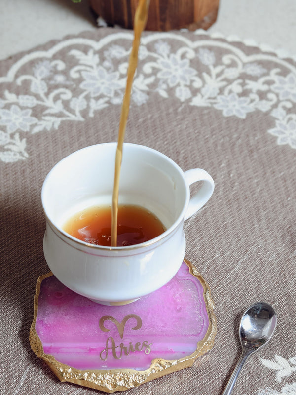 Pink Agate Zodiac Sign Aries Table Coaster